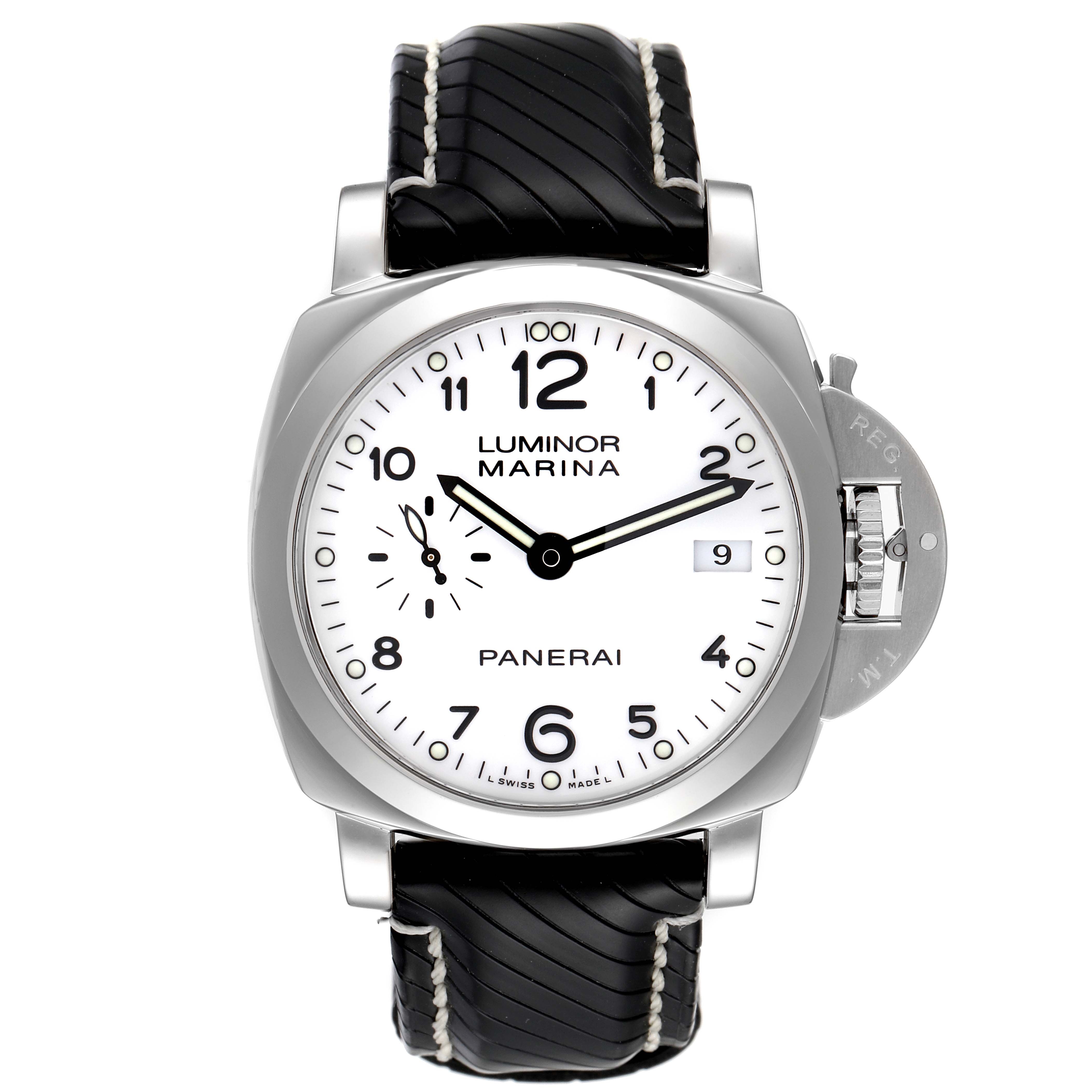 The image shows a Panerai Luminor PAM00523 Men
s Stainless Steel White Dial PAM00523 Men
s Stainless Steel White Dial Marina watch face-on, displaying the dial, case, crown guard, and strap.
