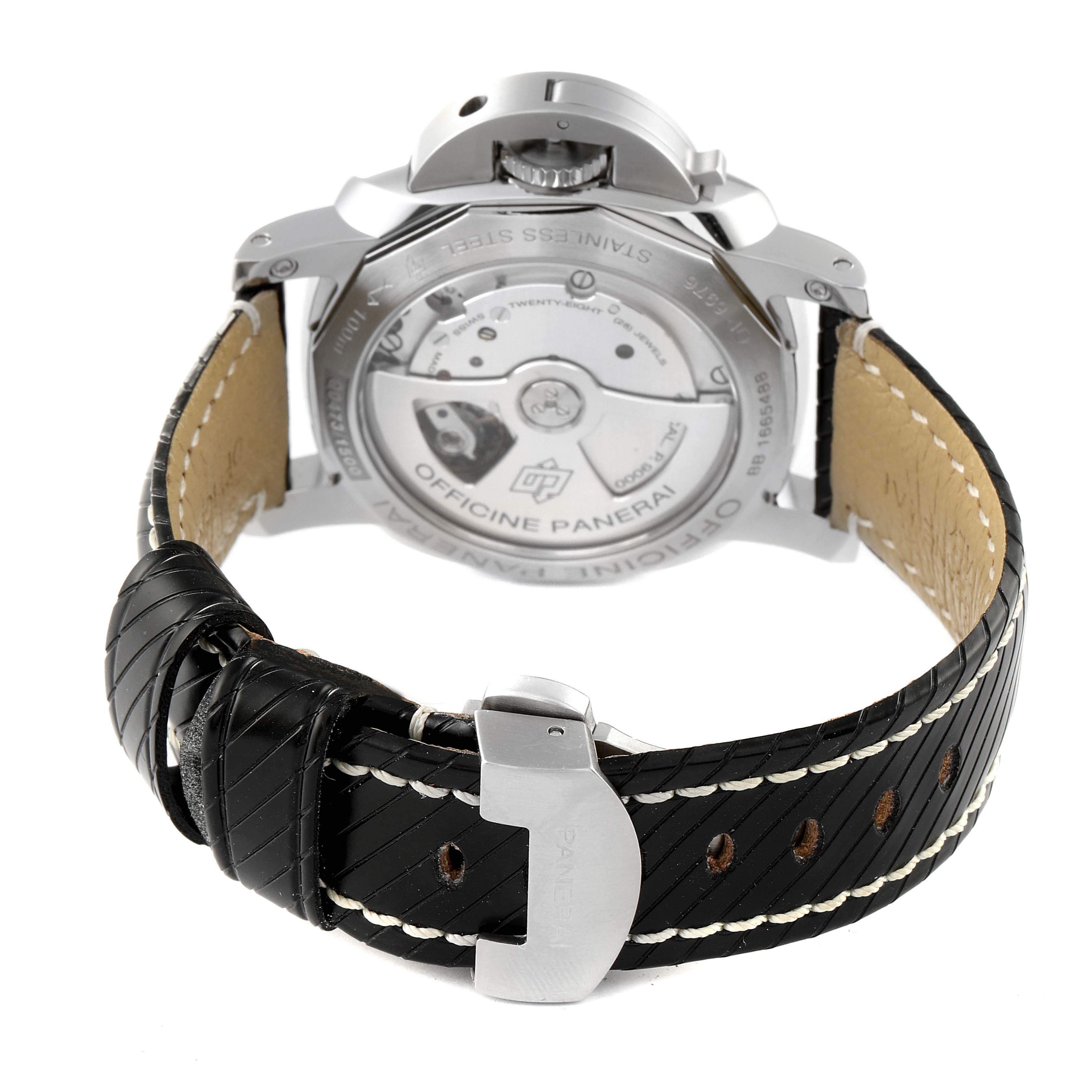 The image shows the back view of a Panerai Luminor PAM00523 Men
s Stainless Steel White Dial PAM00523 Men
s Stainless Steel White Dial watch, highlighting its transparent case back and black leather strap.