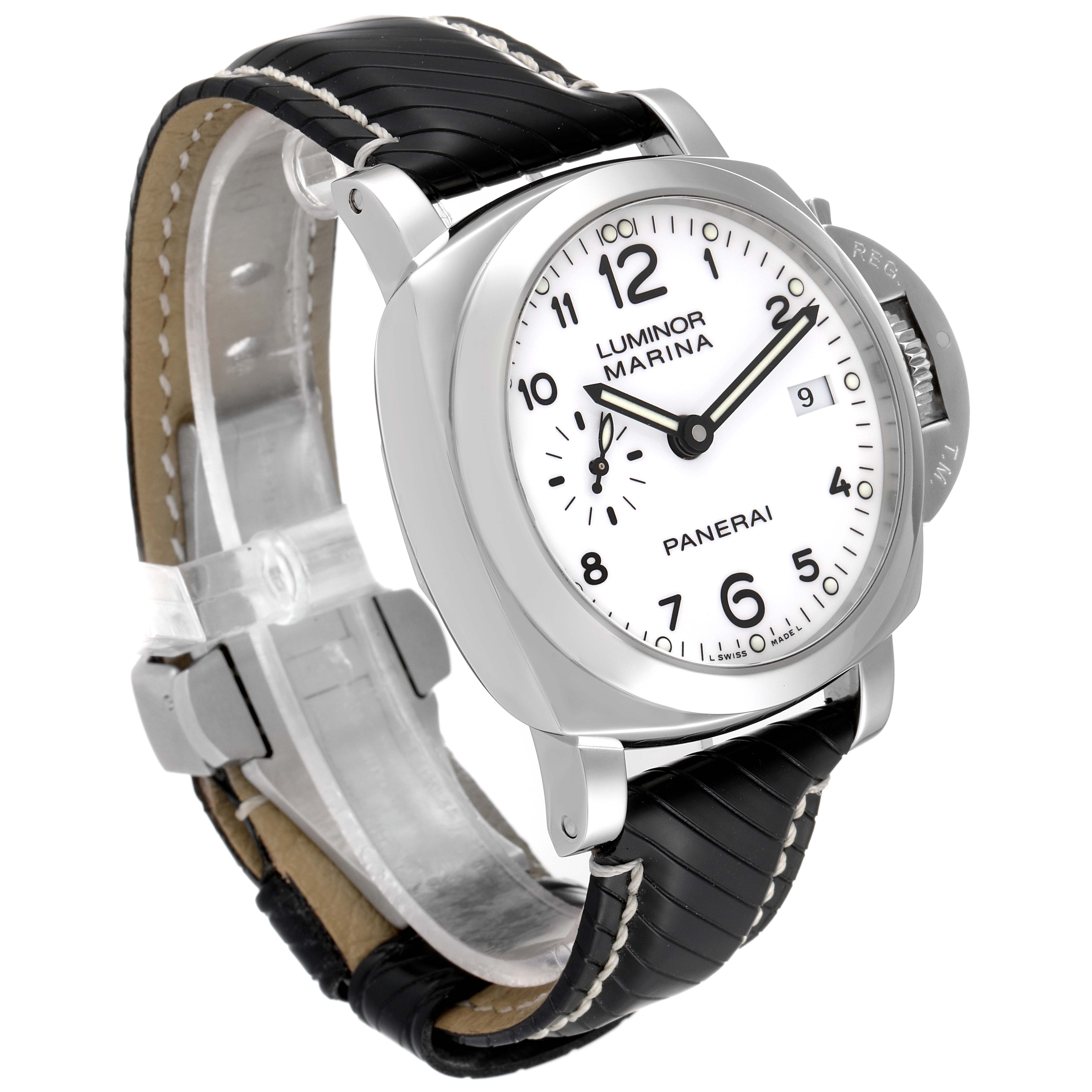The image shows a Panerai Luminor PAM00523 Men
s Stainless Steel White Dial PAM00523 Men
s Stainless Steel White Dial model watch at an angle highlighting the face, bezel, crown protector, and black leather strap.