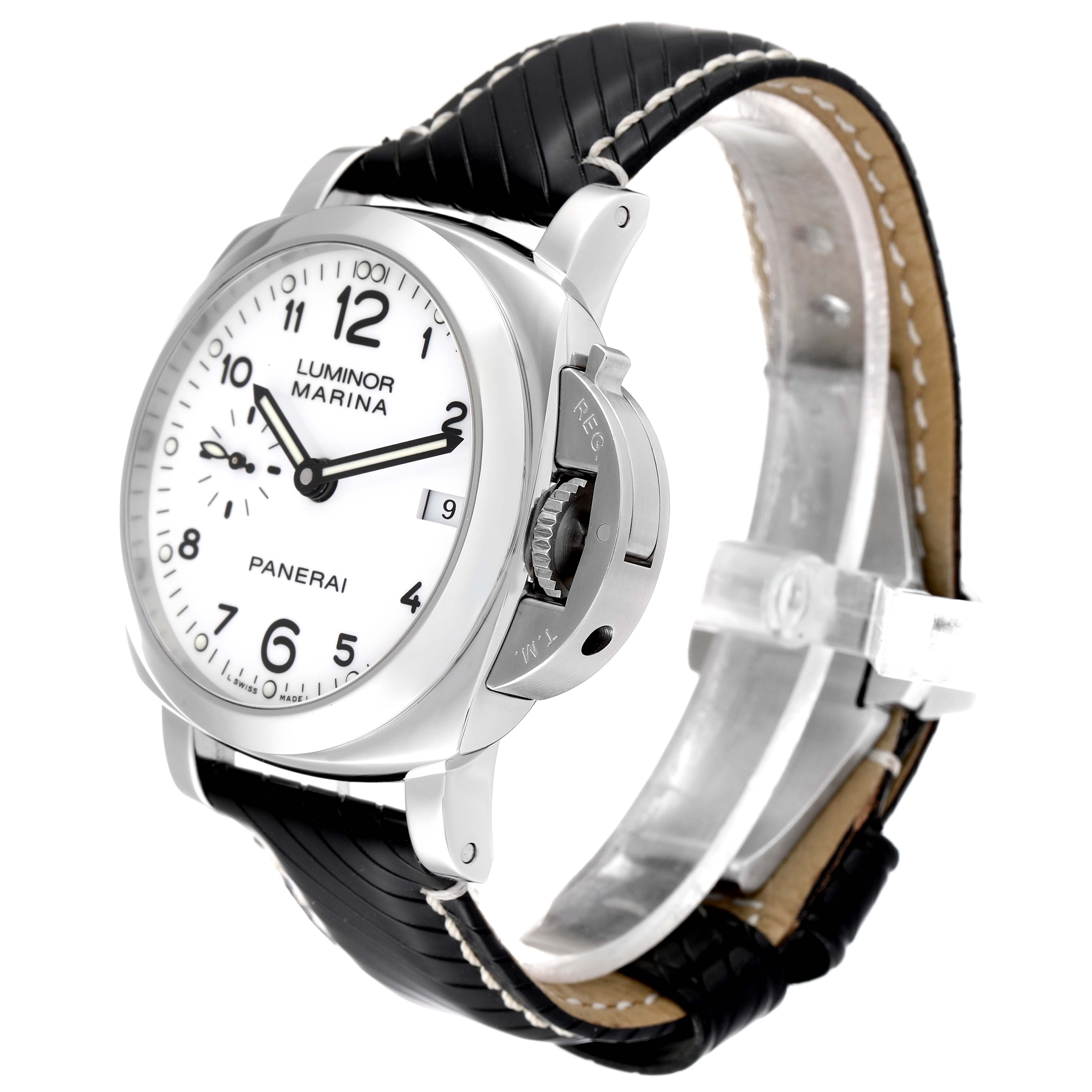 This image shows a side view of the Panerai Luminor PAM00523 Men
s Stainless Steel White Dial PAM00523 Men
s Stainless Steel White Dial model watch, highlighting the face, crown guard, and black leather strap.