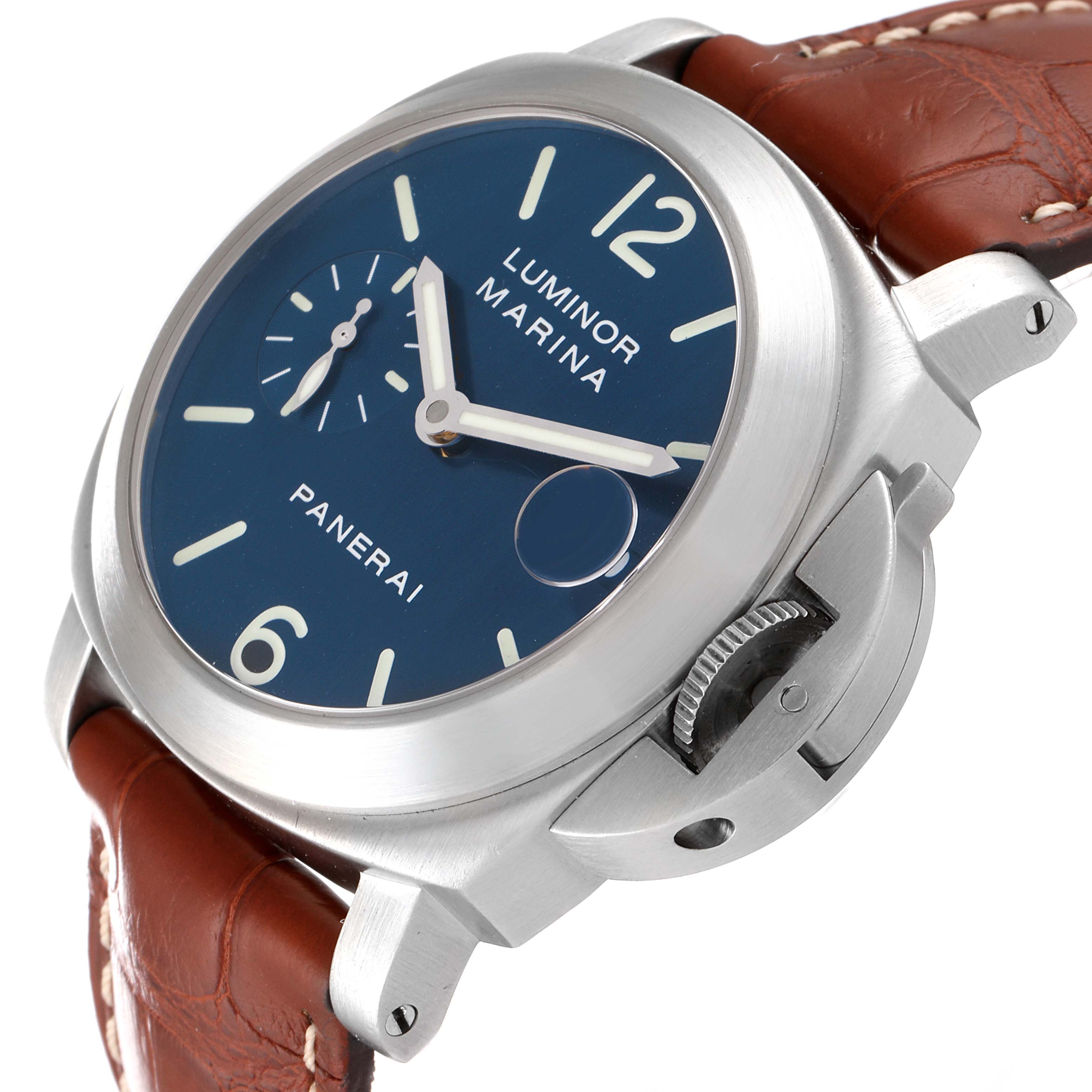 This image shows a close-up of the dial, crown guard, and strap of a Panerai Luminor PAM00070 Men's Stainless Steel Blue Dial PAM00070 Men's Stainless Steel Blue Dial watch at an angle.