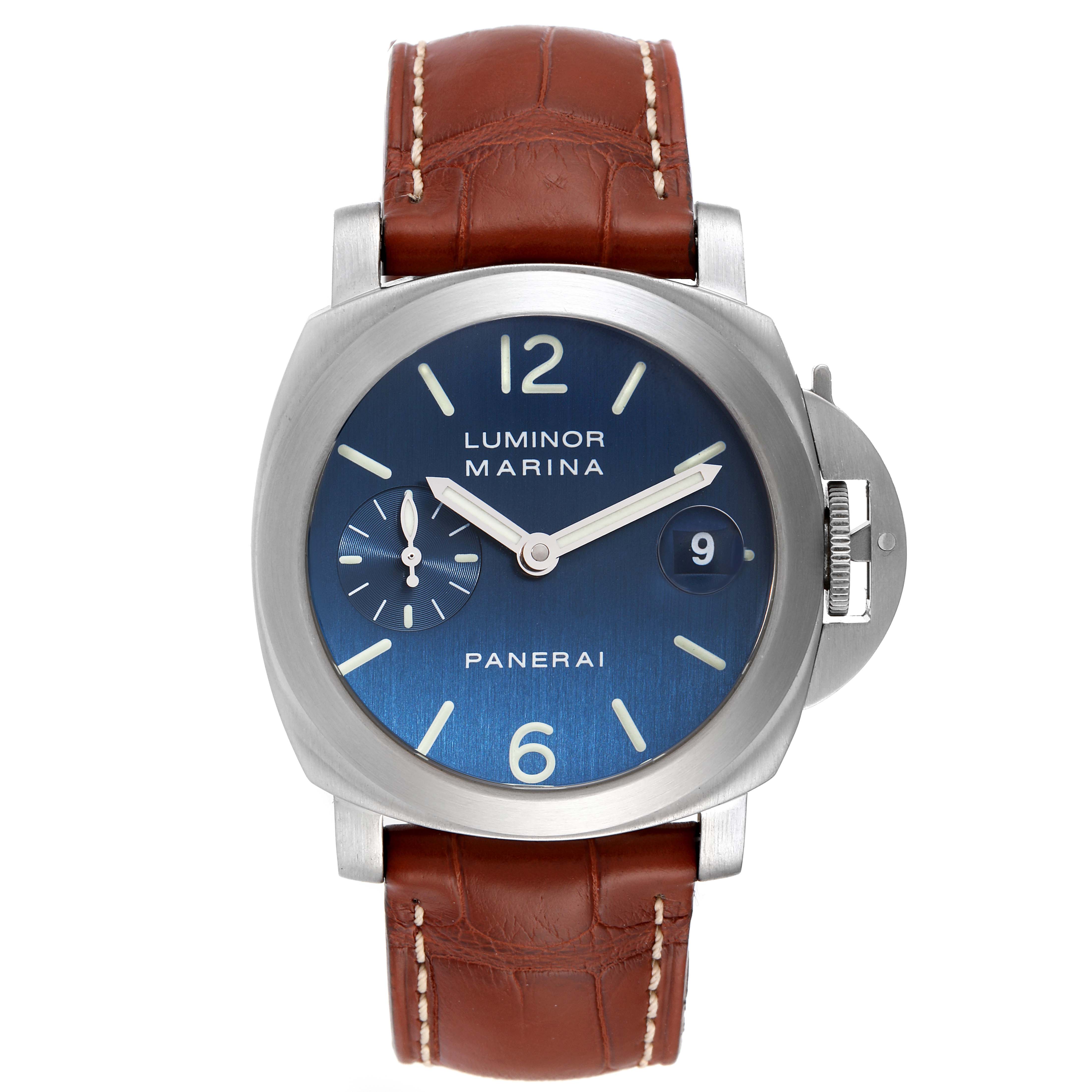 The image shows a front view of a Panerai Luminor PAM00070 Men's Stainless Steel Blue Dial PAM00070 Men's Stainless Steel Blue Dial Marina watch with a blue dial and brown leather strap.