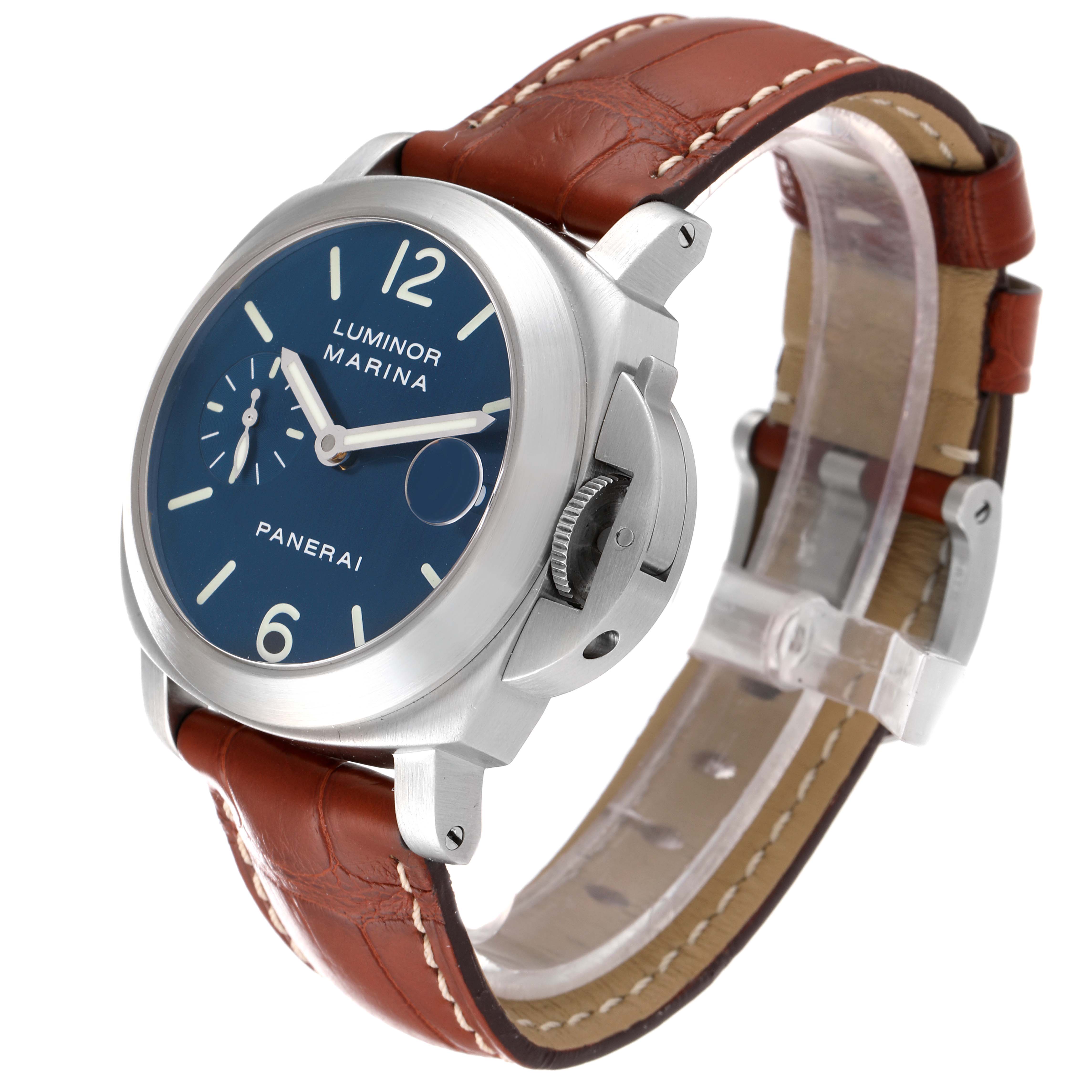 This Panerai Luminor PAM00070 Men's Stainless Steel Blue Dial PAM00070 Men's Stainless Steel Blue Dial watch is shown at a three-quarter angle, highlighting its blue dial, crown guard, and brown leather strap.