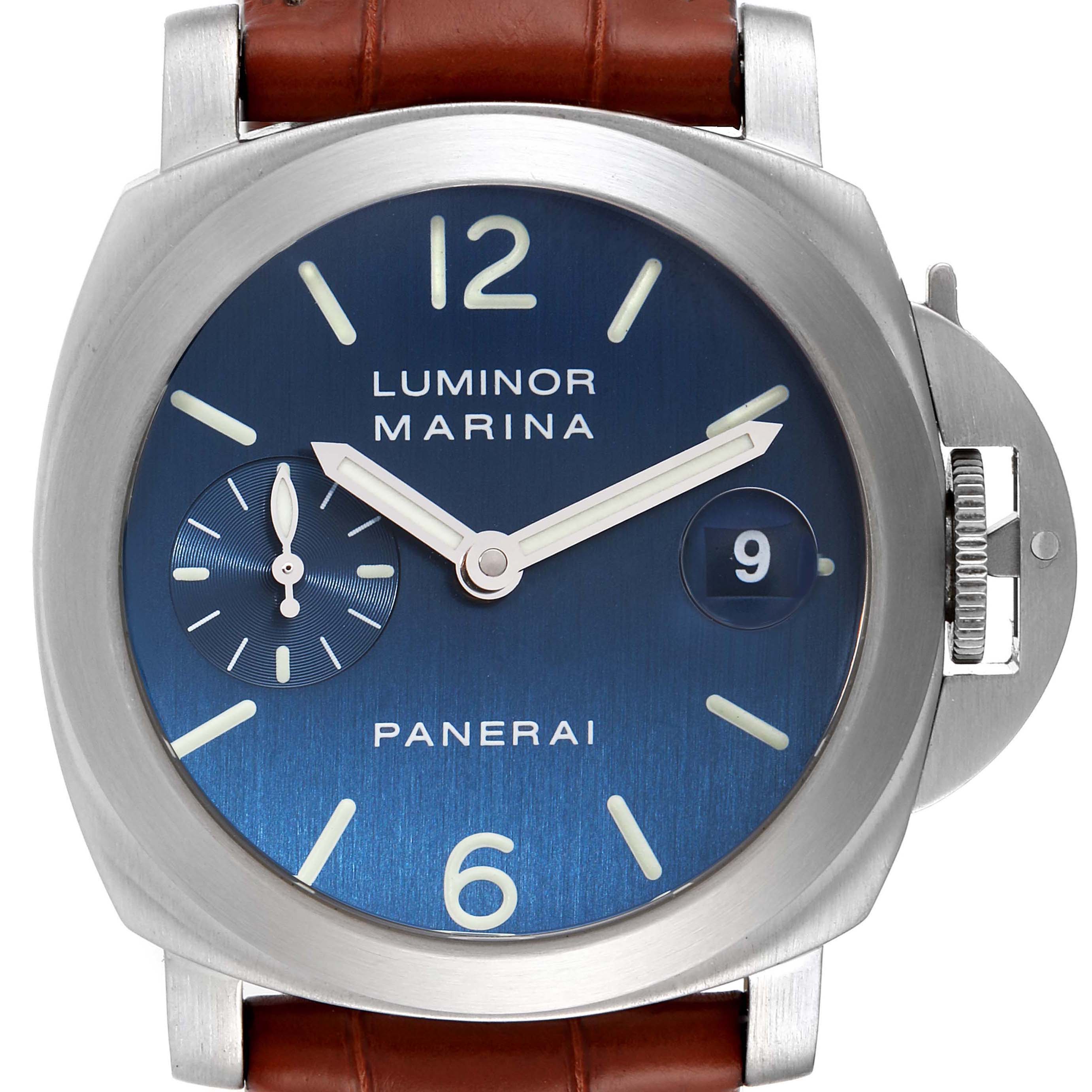 This image shows a front view of a Panerai Luminor PAM00070 Men's Stainless Steel Blue Dial PAM00070 Men's Stainless Steel Blue Dial Marina watch with a blue dial and brown leather strap.