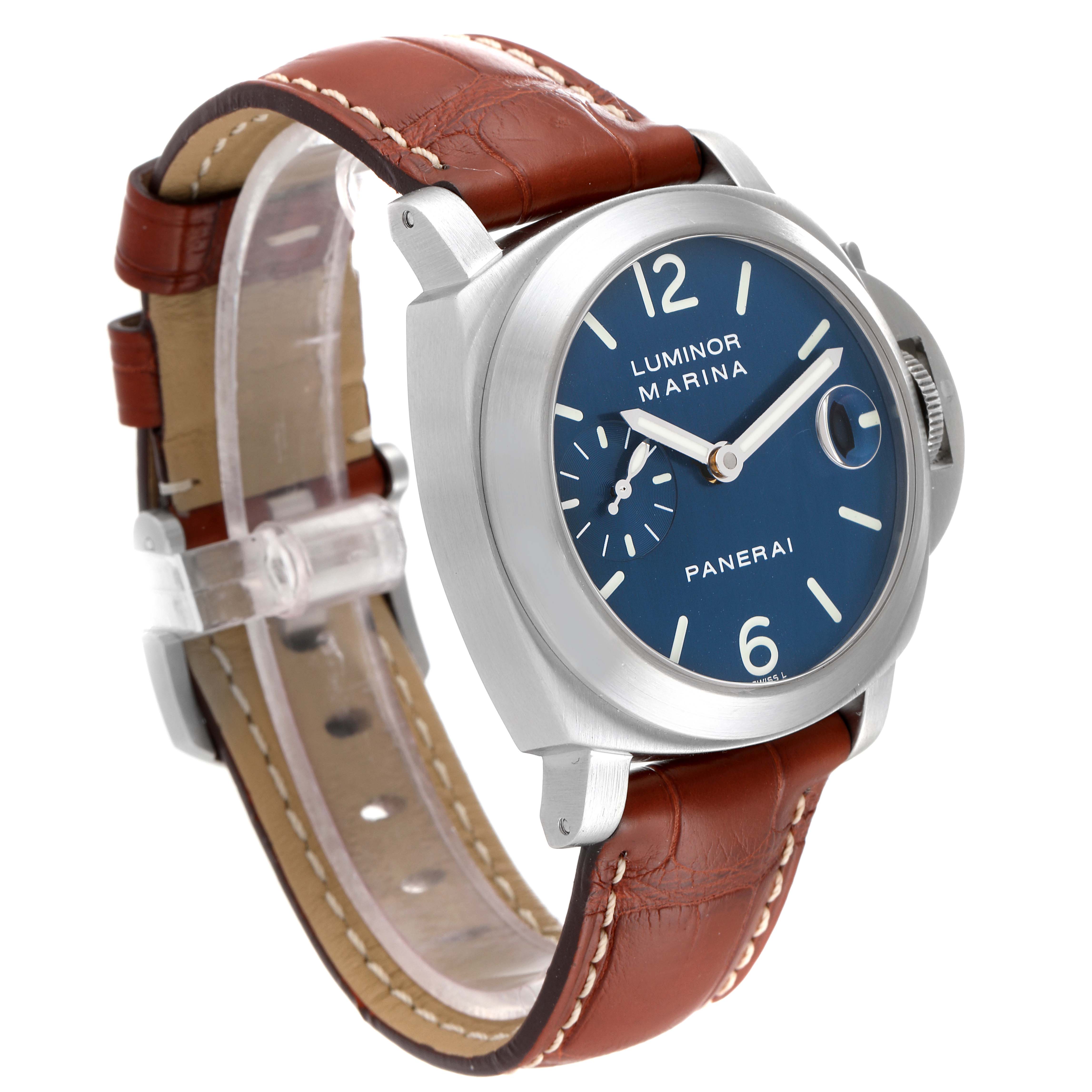 The image shows a Panerai Luminor PAM00070 Men's Stainless Steel Blue Dial PAM00070 Men's Stainless Steel Blue Dial watch at an angled side view, highlighting its blue dial, crown guard, and brown leather strap.
