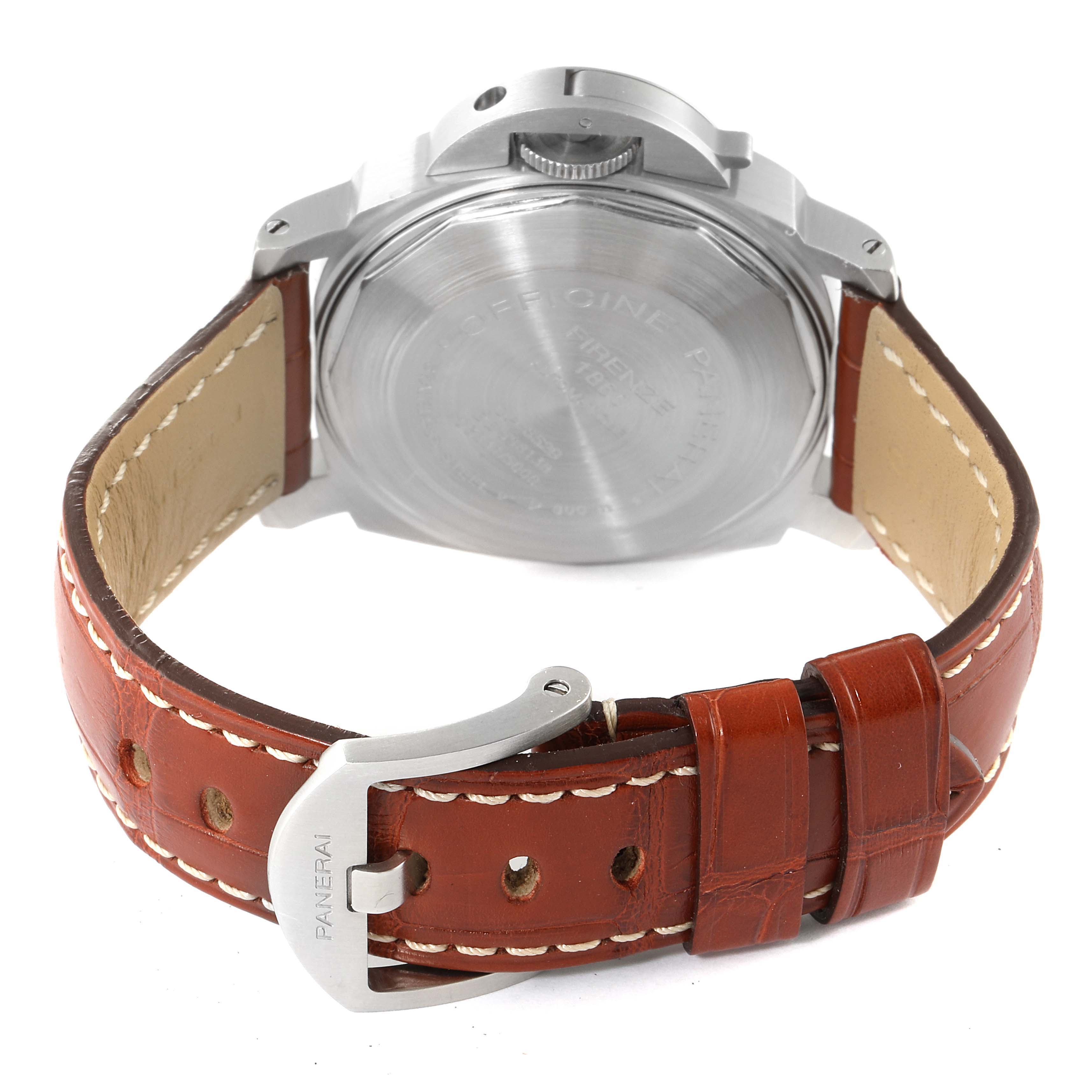 The image shows the back view of a Panerai Luminor PAM00070 Men's Stainless Steel Blue Dial PAM00070 Men's Stainless Steel Blue Dial watch, focusing on the case back and brown leather strap with a buckle.