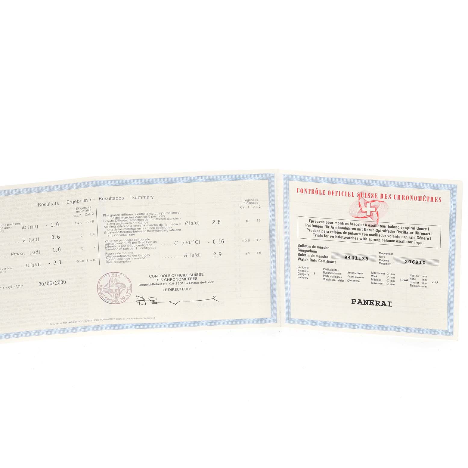 This image shows the official chronometer certification documents for a Panerai Luminor PAM00070 Men's Stainless Steel Blue Dial PAM00070 Men's Stainless Steel Blue Dial watch.