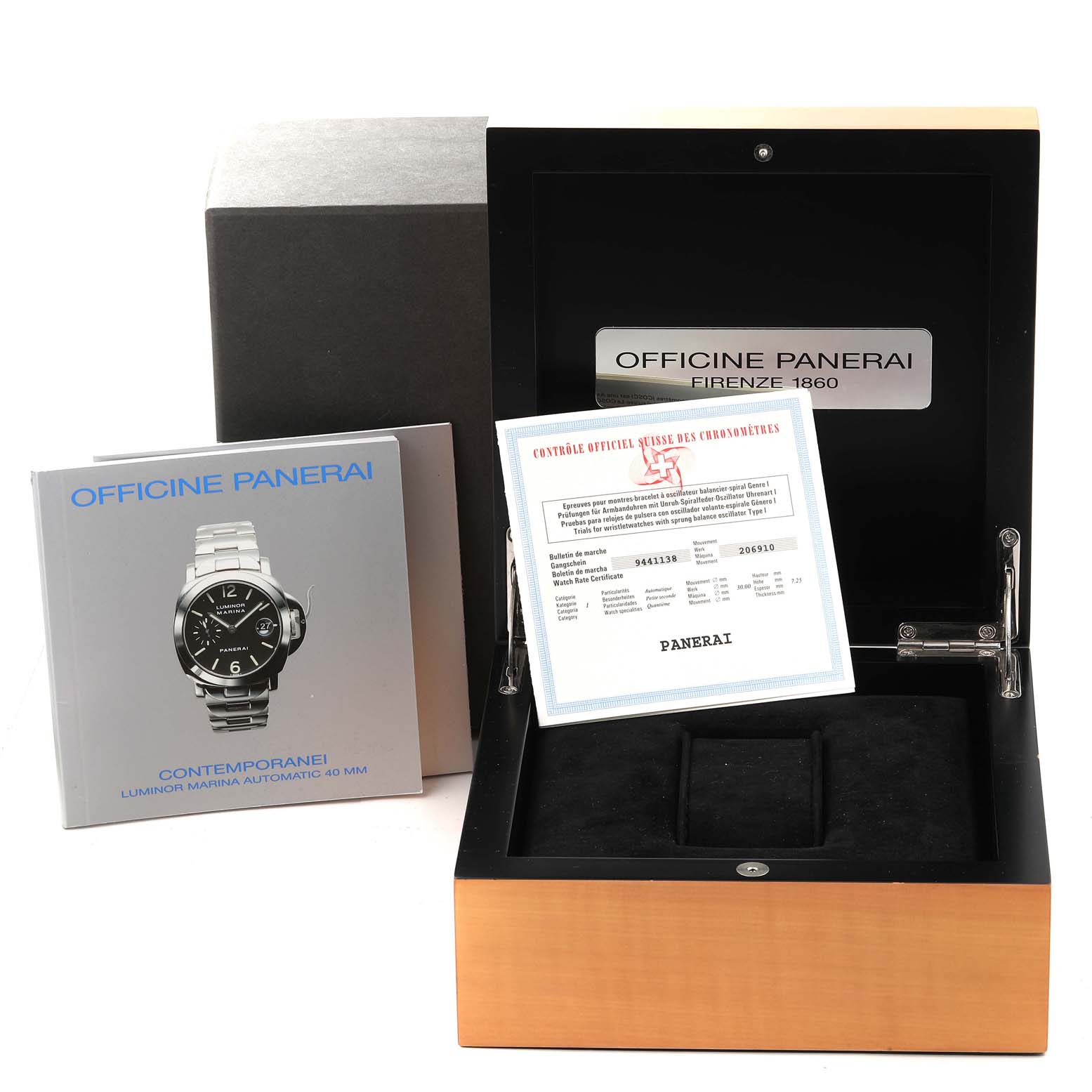 The image shows the open packaging box with manuals and certification for the Panerai Luminor PAM00070 Men's Stainless Steel Blue Dial PAM00070 Men's Stainless Steel Blue Dial watch.