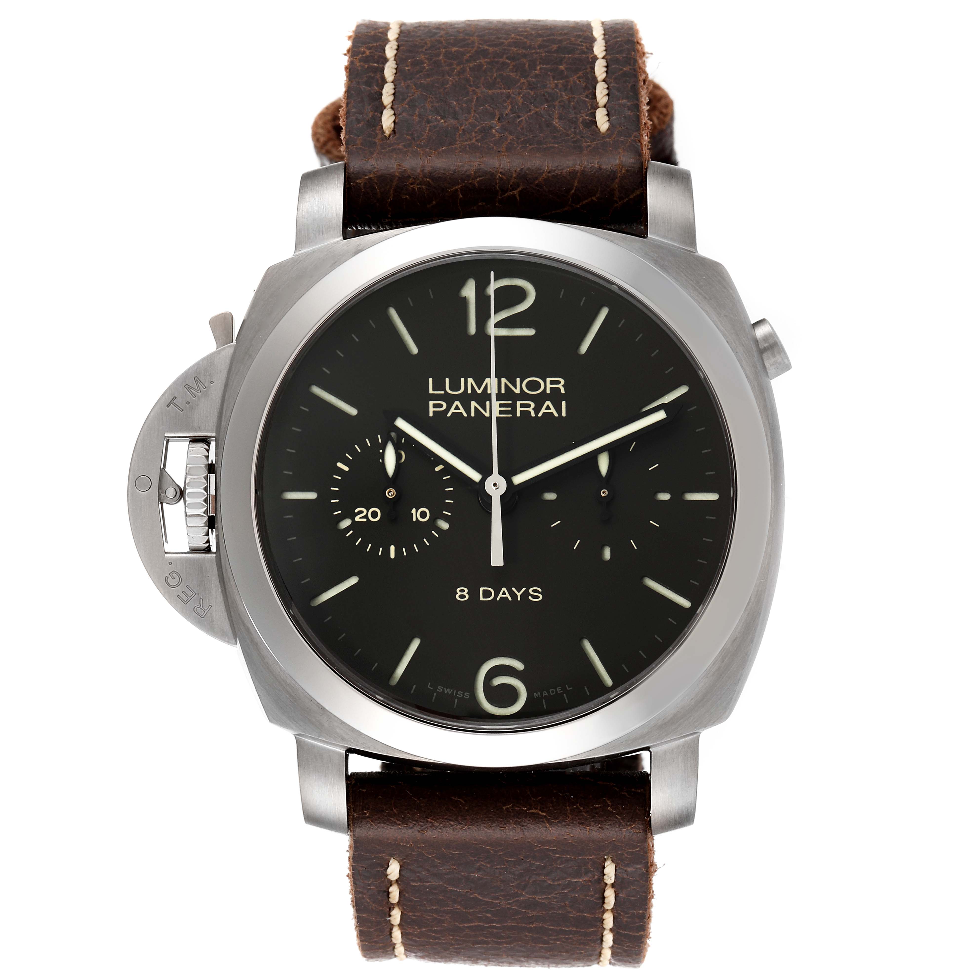 The image shows a front view of the Panerai Luminor PAM00345 Men's Titanium Black Dial PAM00345 Men's Titanium Black Dial watch, highlighting its dial, case, and brown leather strap.