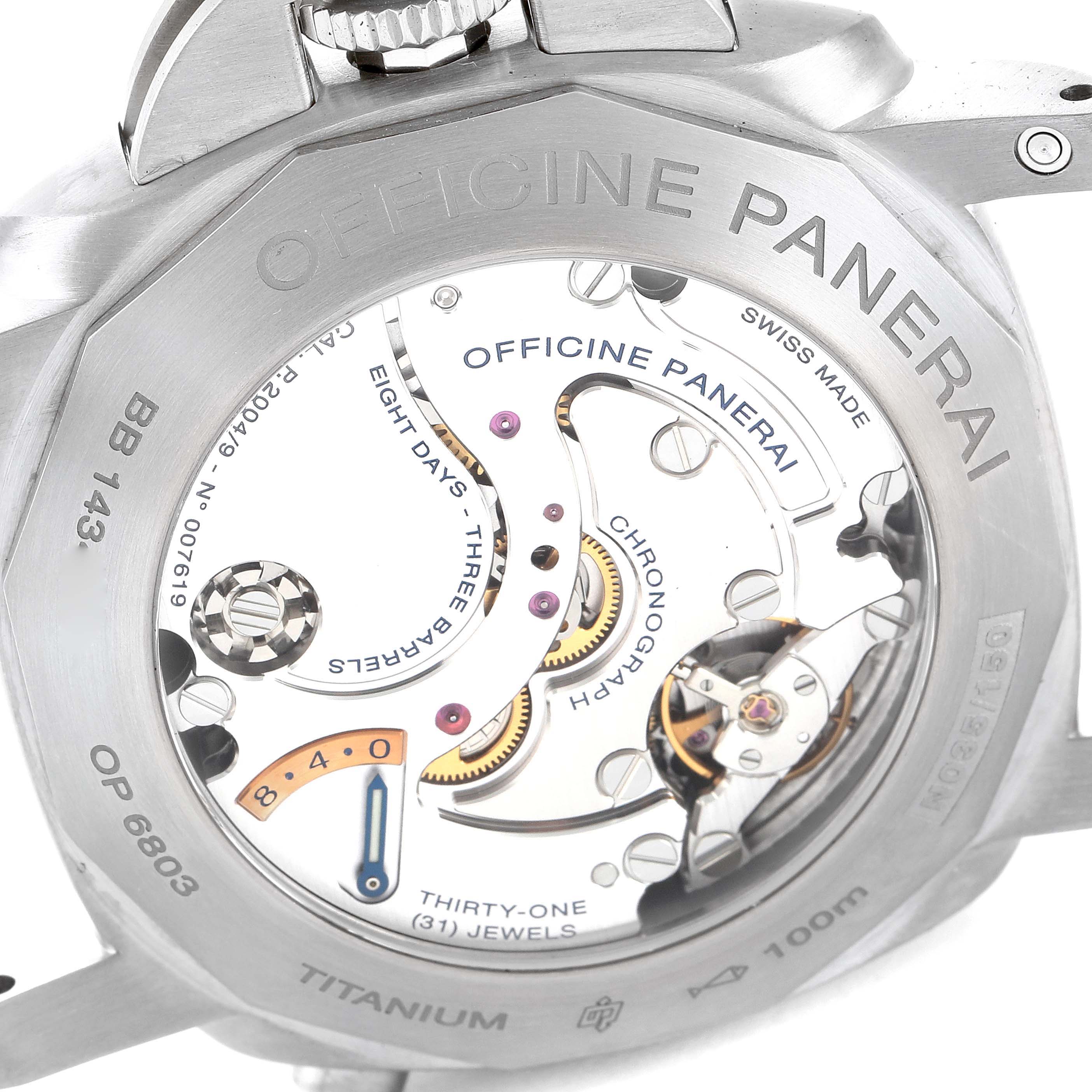 The image shows the back of the Luminor watch by Panerai, highlighting its internal mechanical components and engravings.