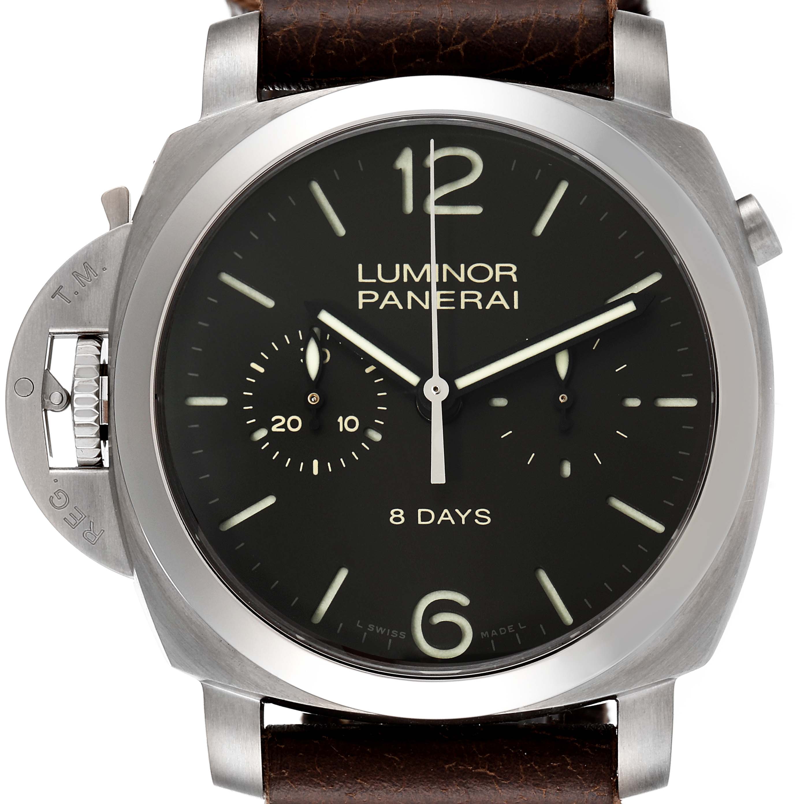 The image shows a front view of the Panerai Luminor PAM00345 Men's Titanium Black Dial PAM00345 Men's Titanium Black Dial watch, displaying its dial, hands, crown guard, and leather strap.