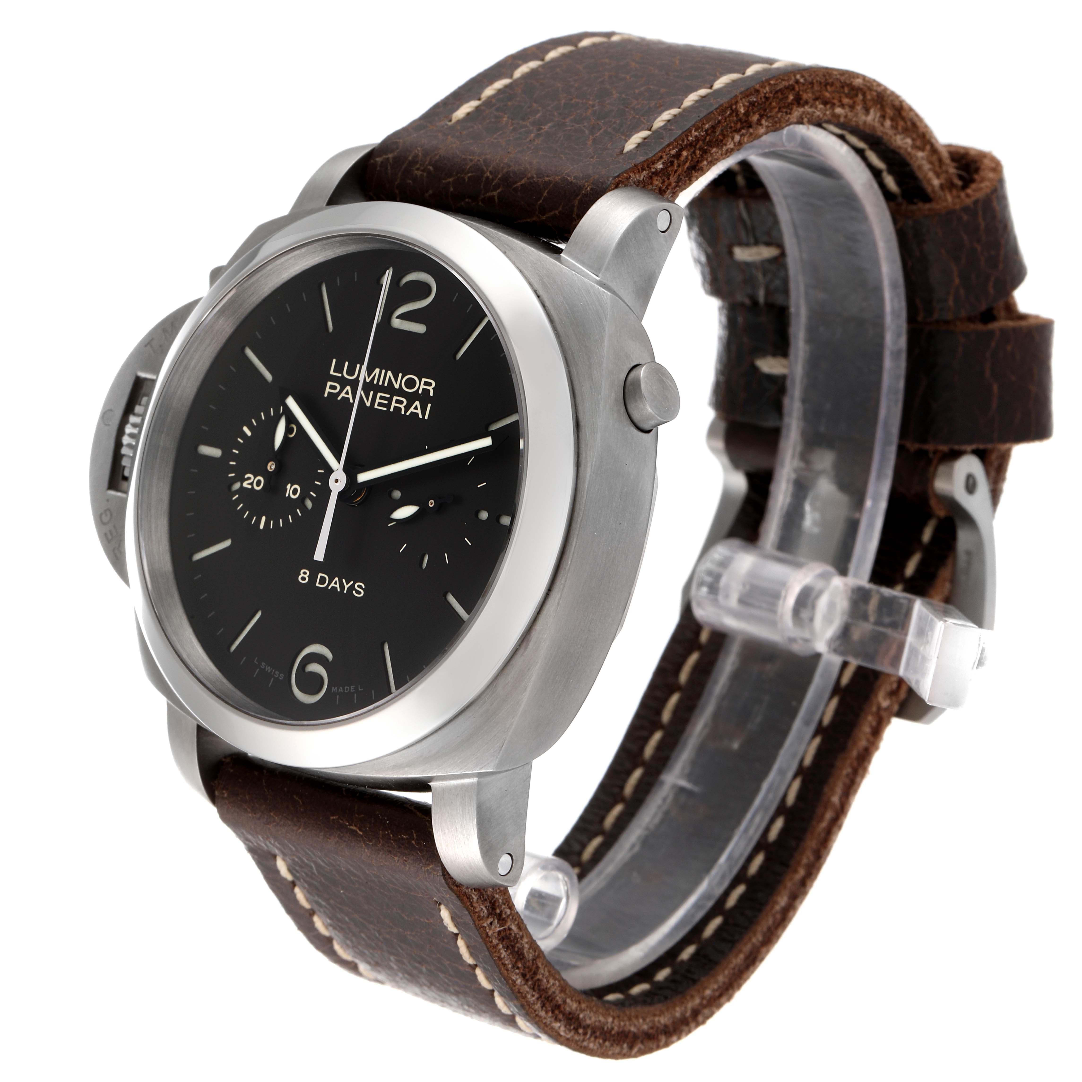 The image shows a Luminor model watch by Panerai at an angle highlighting the dial, case, and brown leather strap.