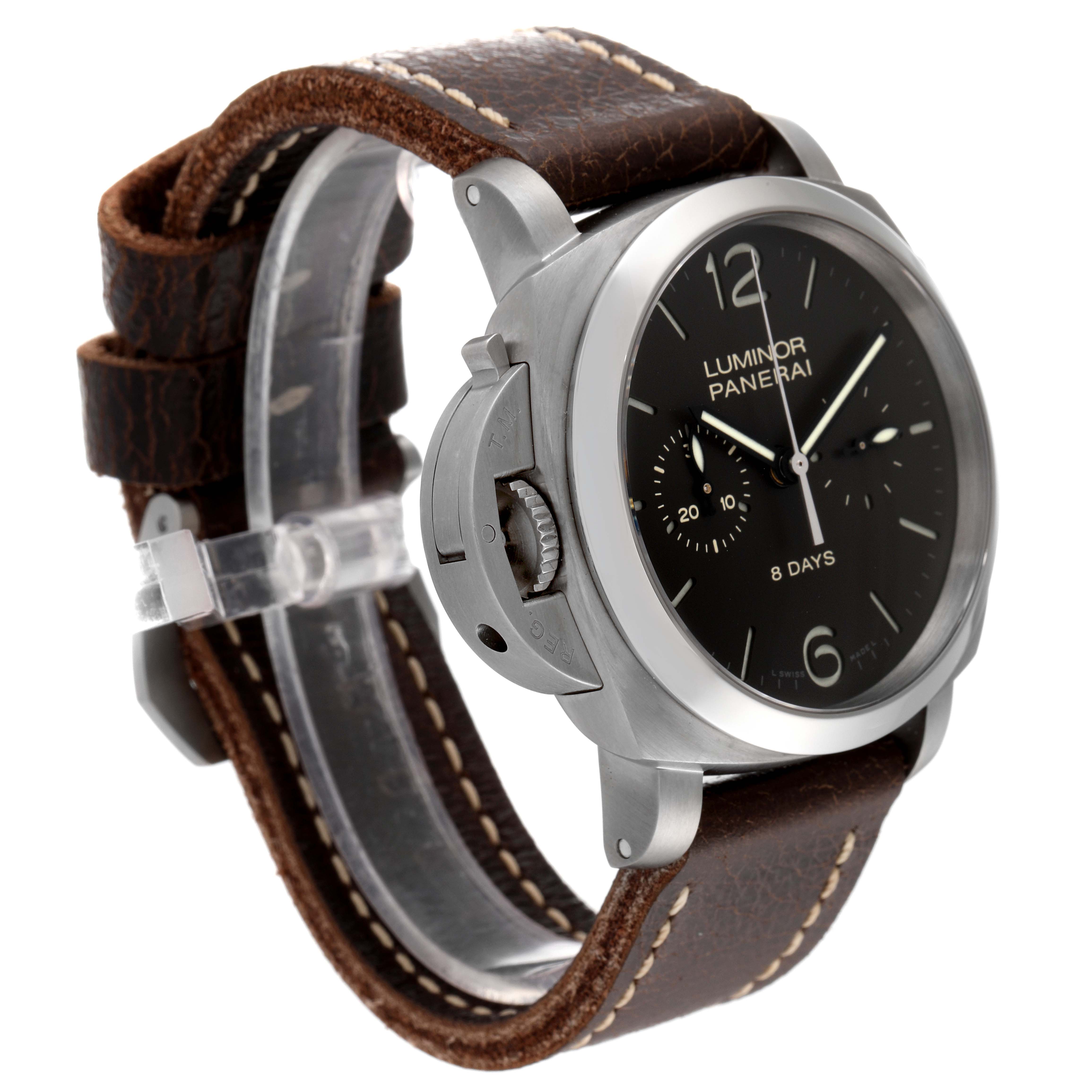 The image shows a Panerai Luminor PAM00345 Men's Titanium Black Dial PAM00345 Men's Titanium Black Dial watch at an angle revealing the face, case, crown guard, and brown leather strap.