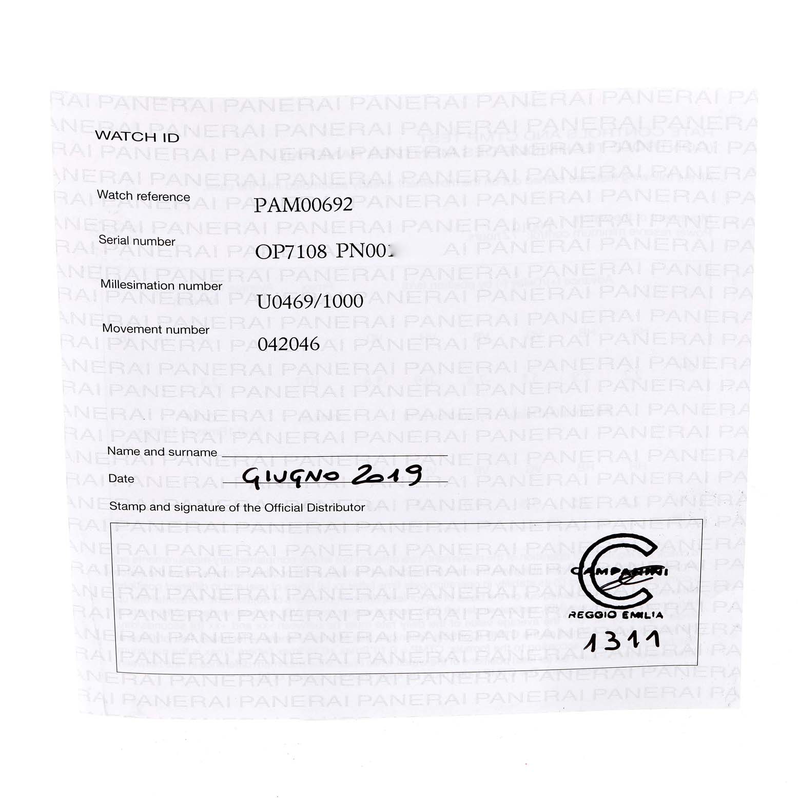 The image shows the certificate of authenticity for the Panerai Submersible PAM00692 Men's Ceramic Blue Dial PAM00692 Men's Ceramic Blue Dial model PAM00692, listing reference numbers and including a distributor stamp.