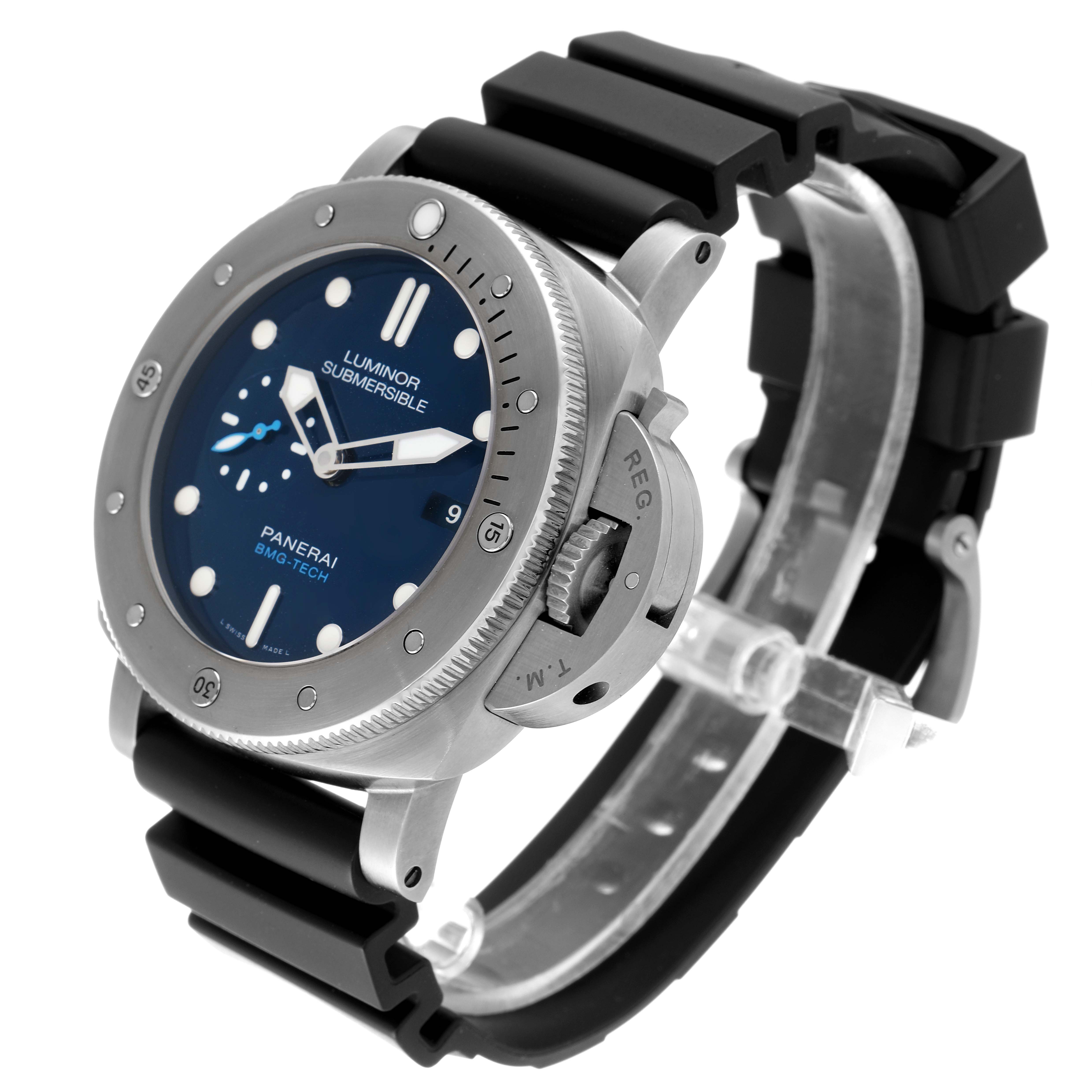 The image shows a Panerai Luminor Submersible watch at a side-angle, featuring its dial, bezel, crown guard, and rubber strap.