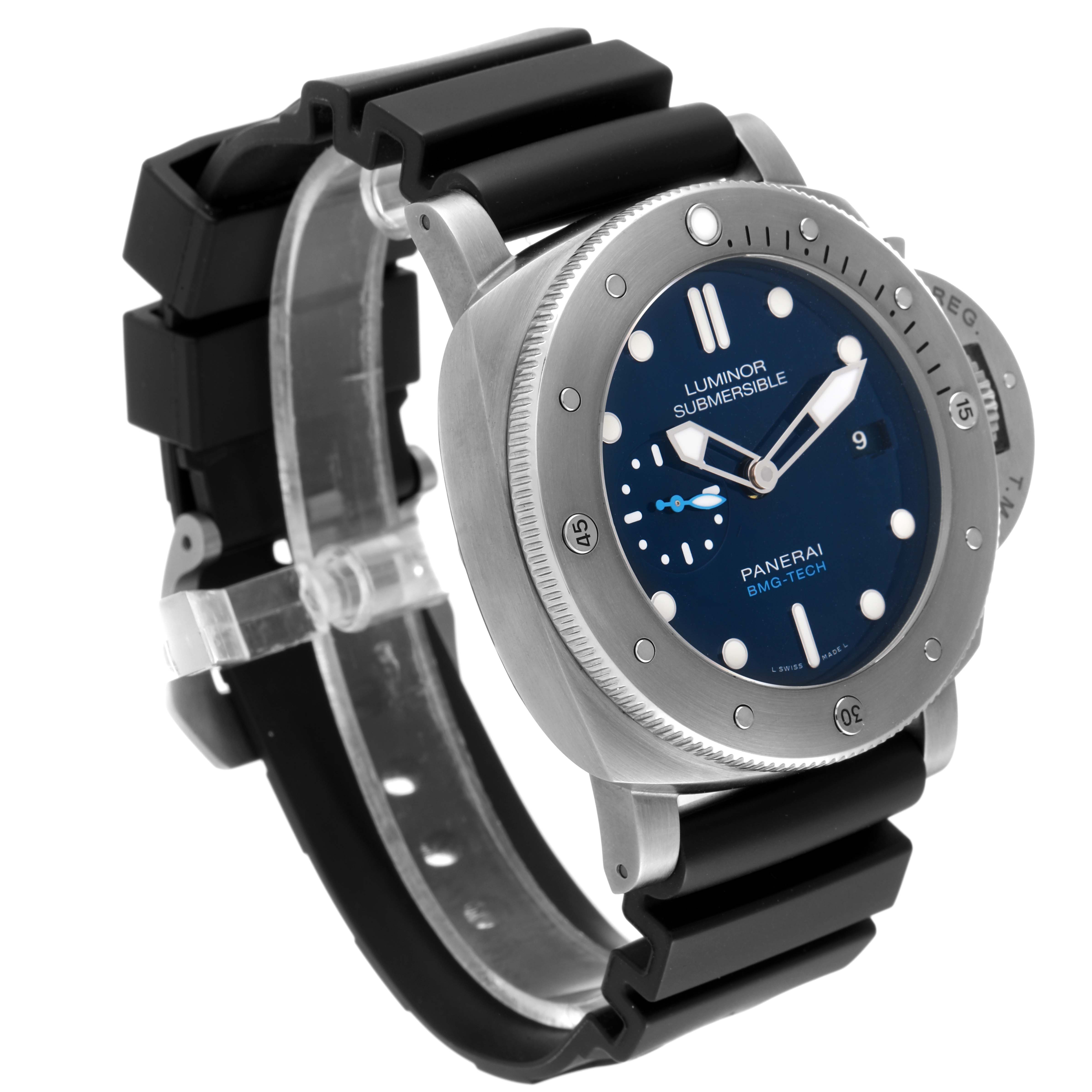 The image shows a Panerai Luminor Submersible watch at a three-quarter angle, displaying its face, bezel, crown guard, and rubber strap.