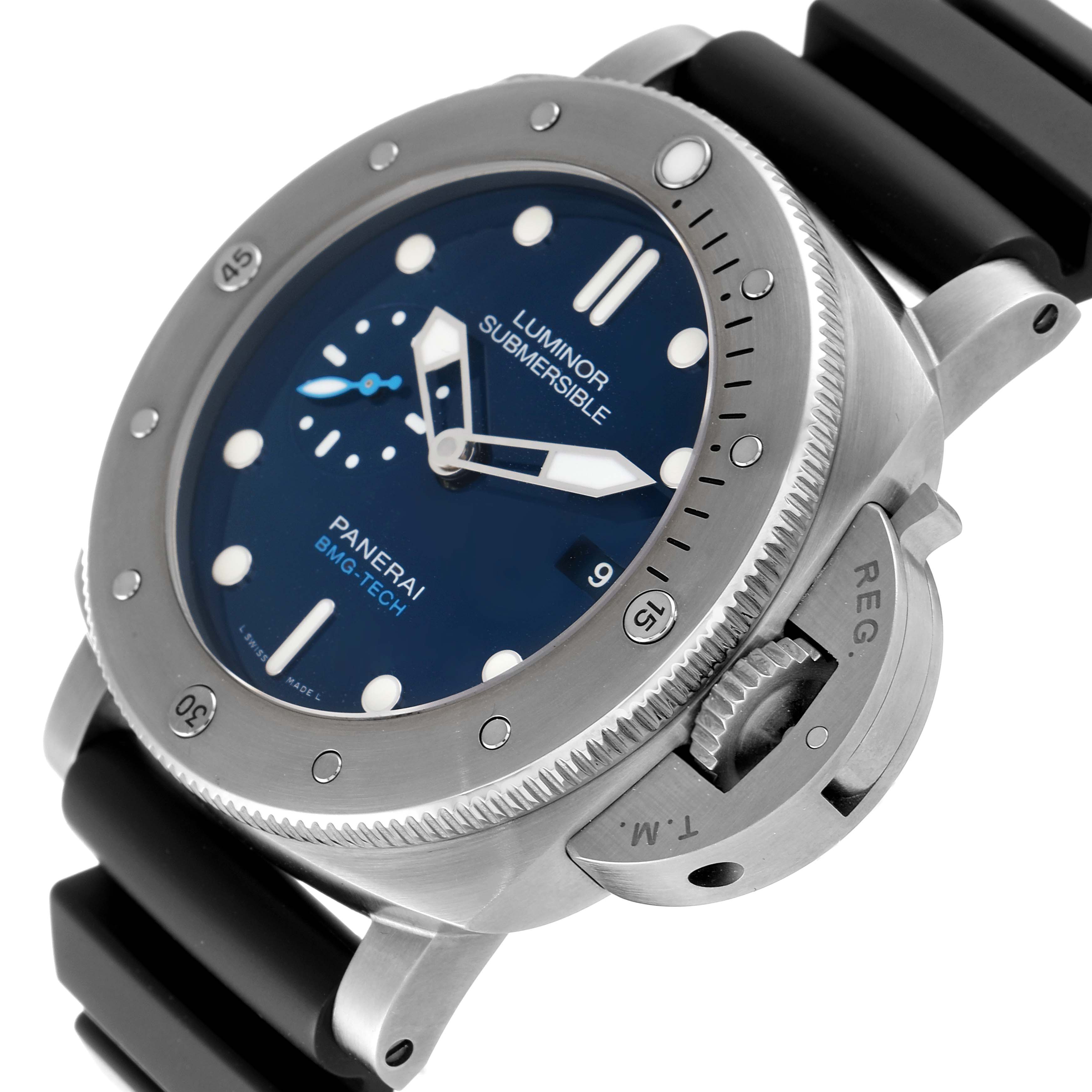 The image shows a Panerai Submersible PAM00692 Men's Ceramic Blue Dial PAM00692 Men's Ceramic Blue Dial watch at an angle, featuring its dial, bezel, crown guard, and rubber strap.