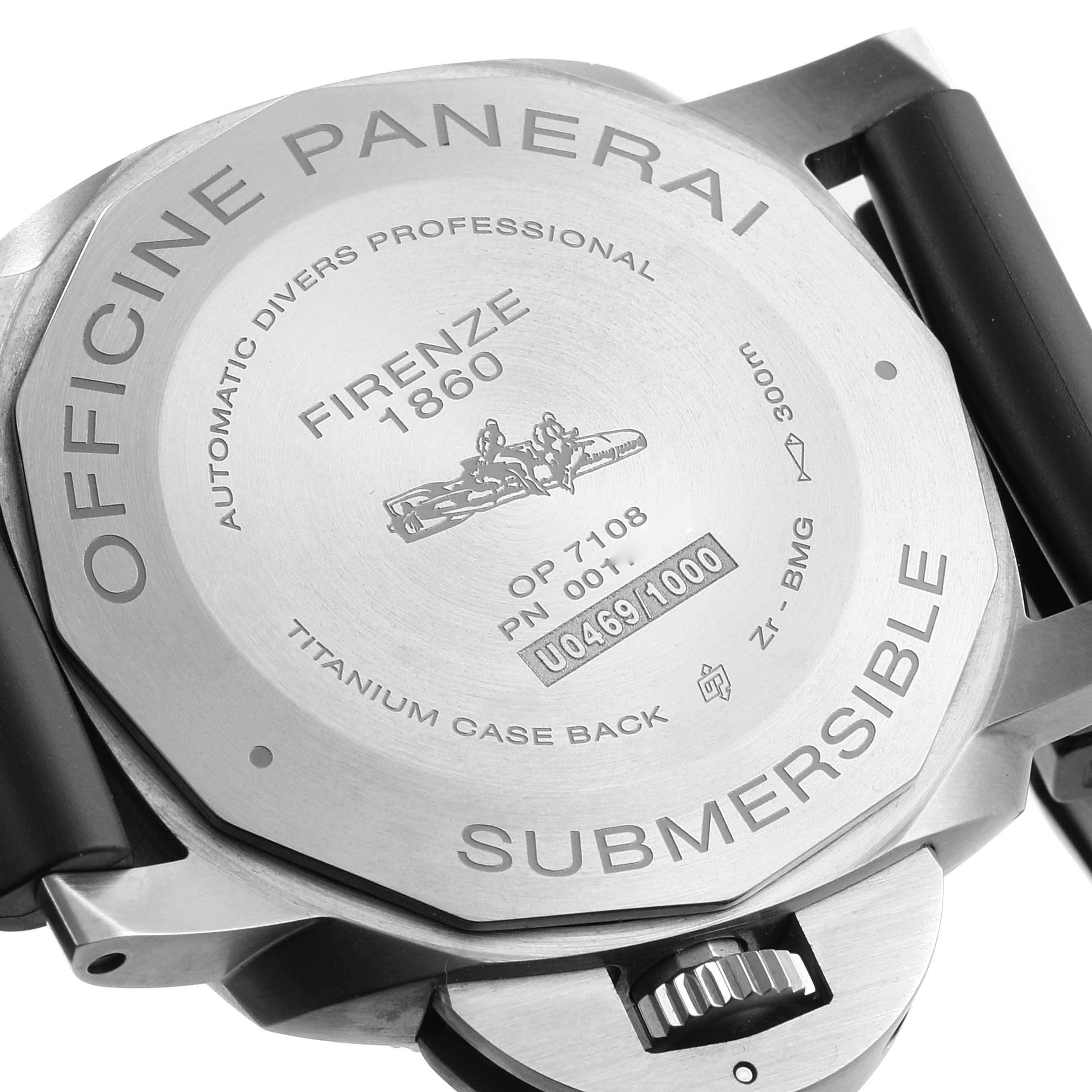 The image shows the back case of the Panerai Submersible PAM00692 Men's Ceramic Blue Dial PAM00692 Men's Ceramic Blue Dial watch, highlighting the engravings and strap attachment points.