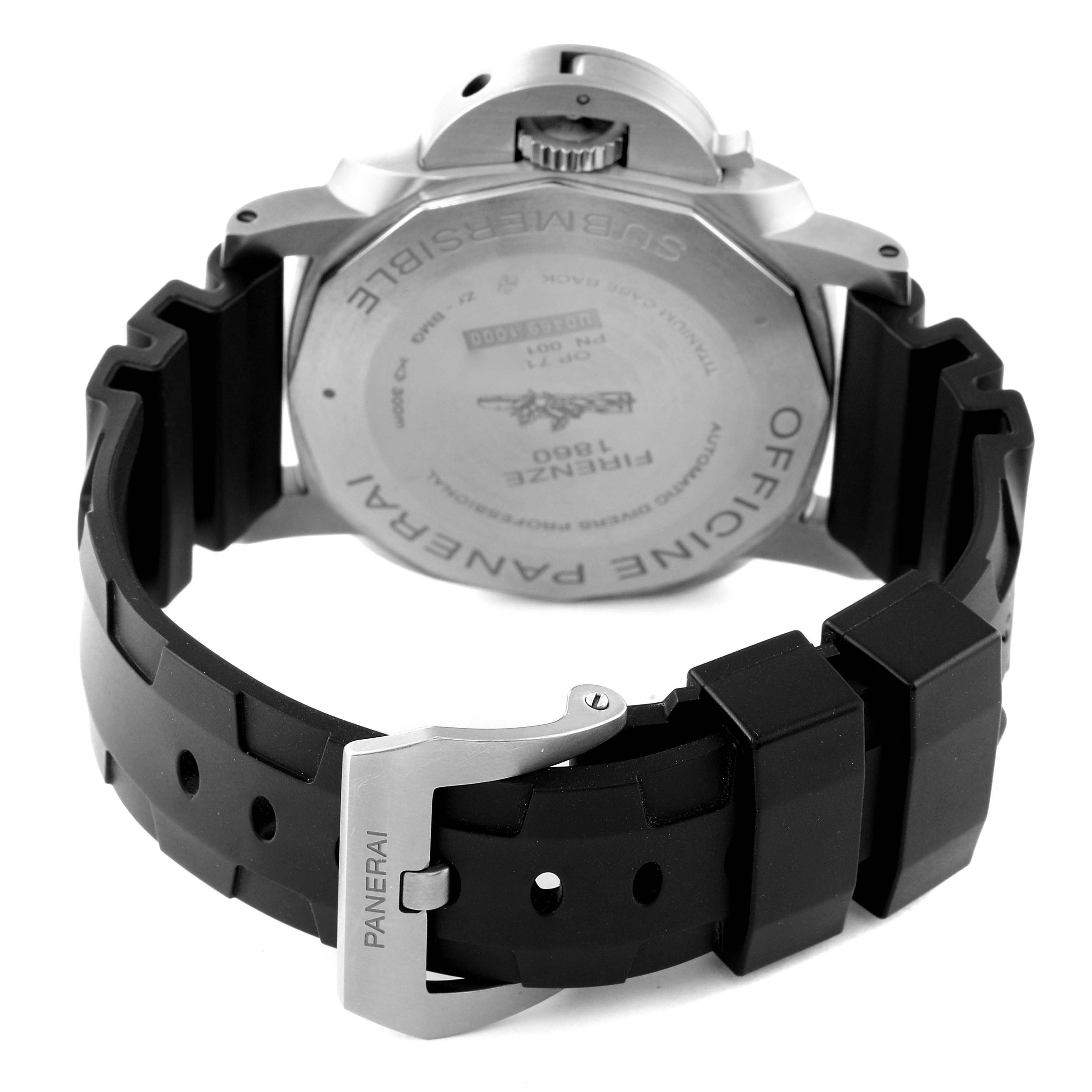 The image shows the back view of a Panerai Submersible PAM00692 Men's Ceramic Blue Dial PAM00692 Men's Ceramic Blue Dial watch, highlighting the case back, rubber strap, and buckle.