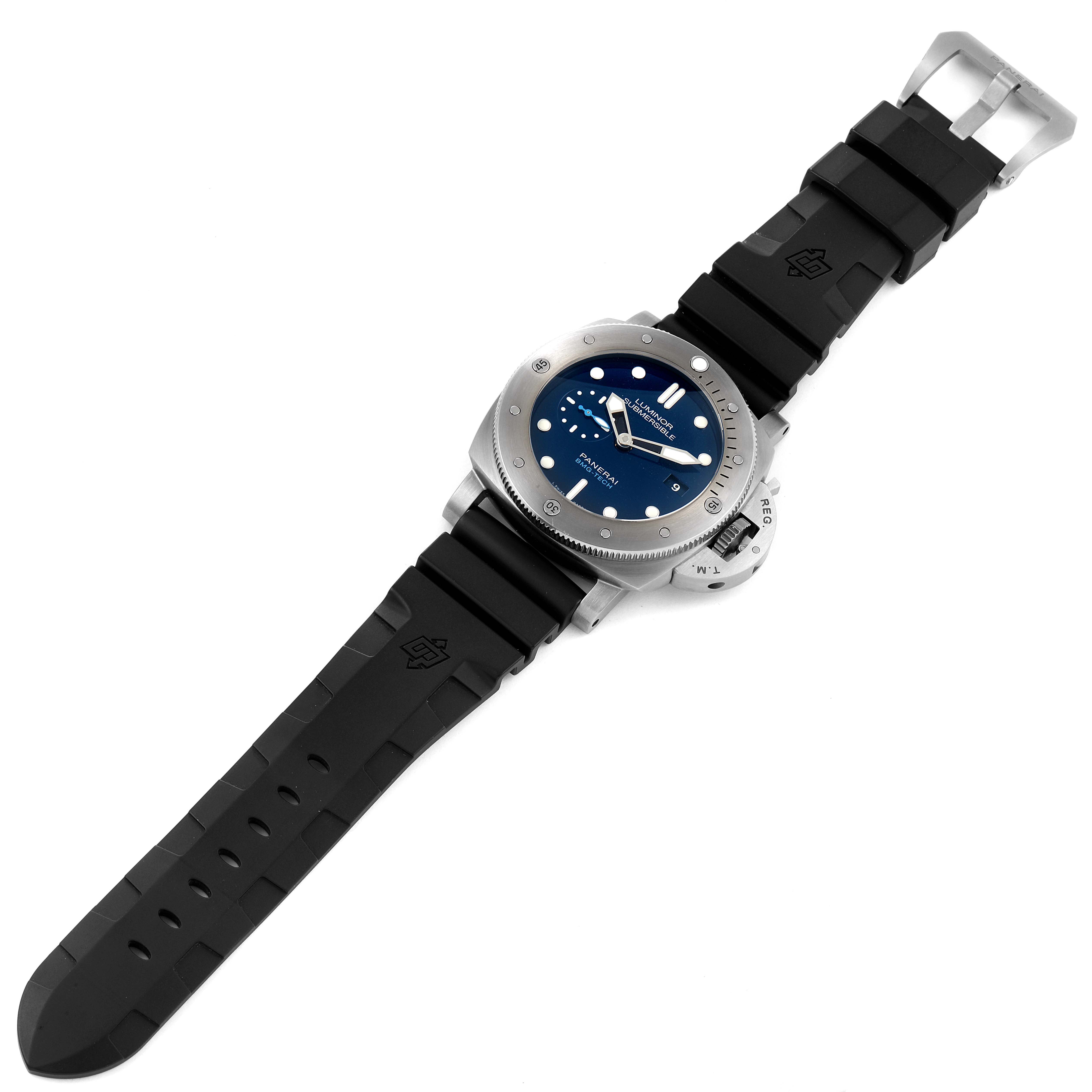 The Panerai Submersible PAM00692 Men's Ceramic Blue Dial PAM00692 Men's Ceramic Blue Dial watch is shown from a top-down angle, displaying its blue dial, bezel, and black rubber strap.