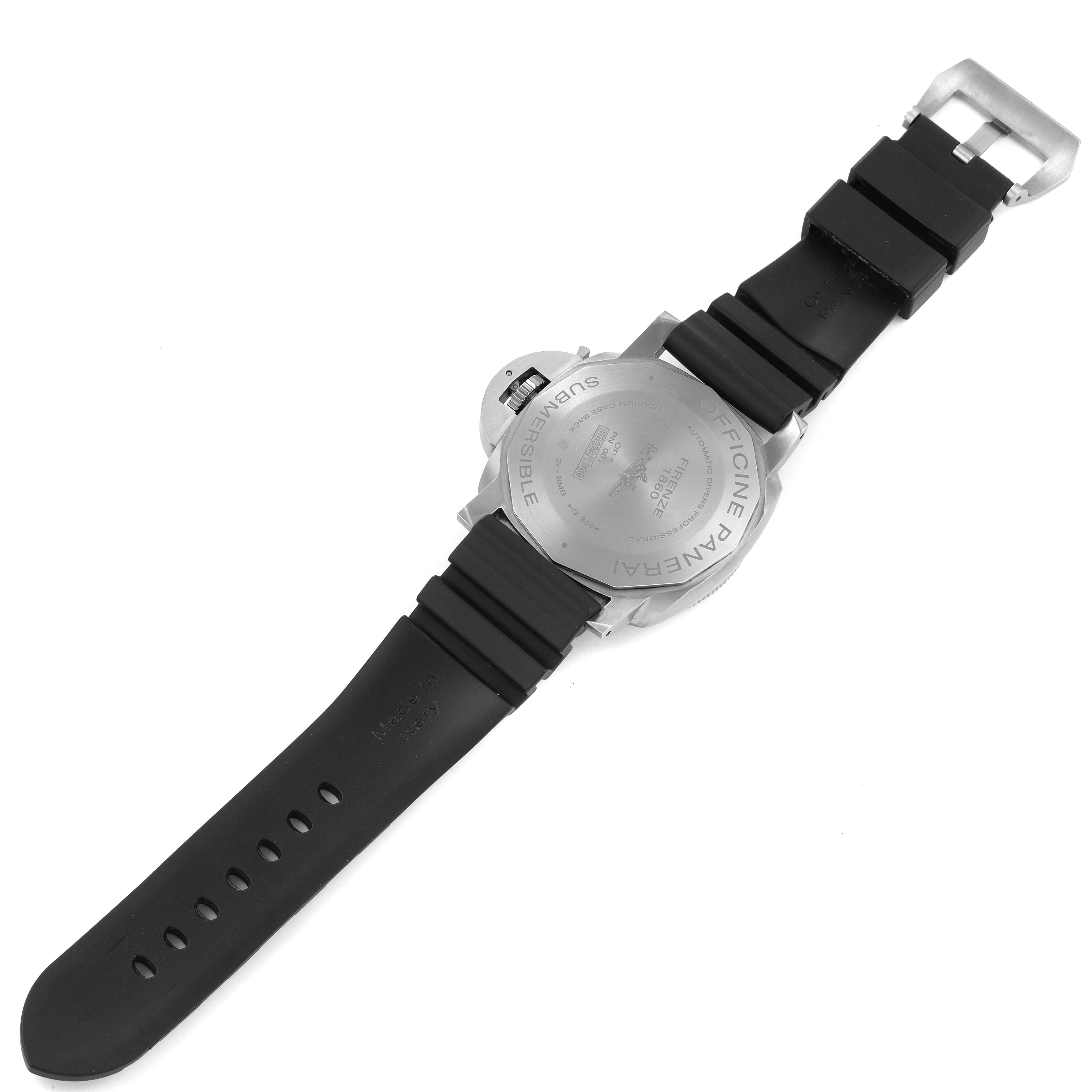 The image shows the back view of a Panerai Submersible PAM00692 Men's Ceramic Blue Dial PAM00692 Men's Ceramic Blue Dial watch with its black rubber strap and clasp visible.