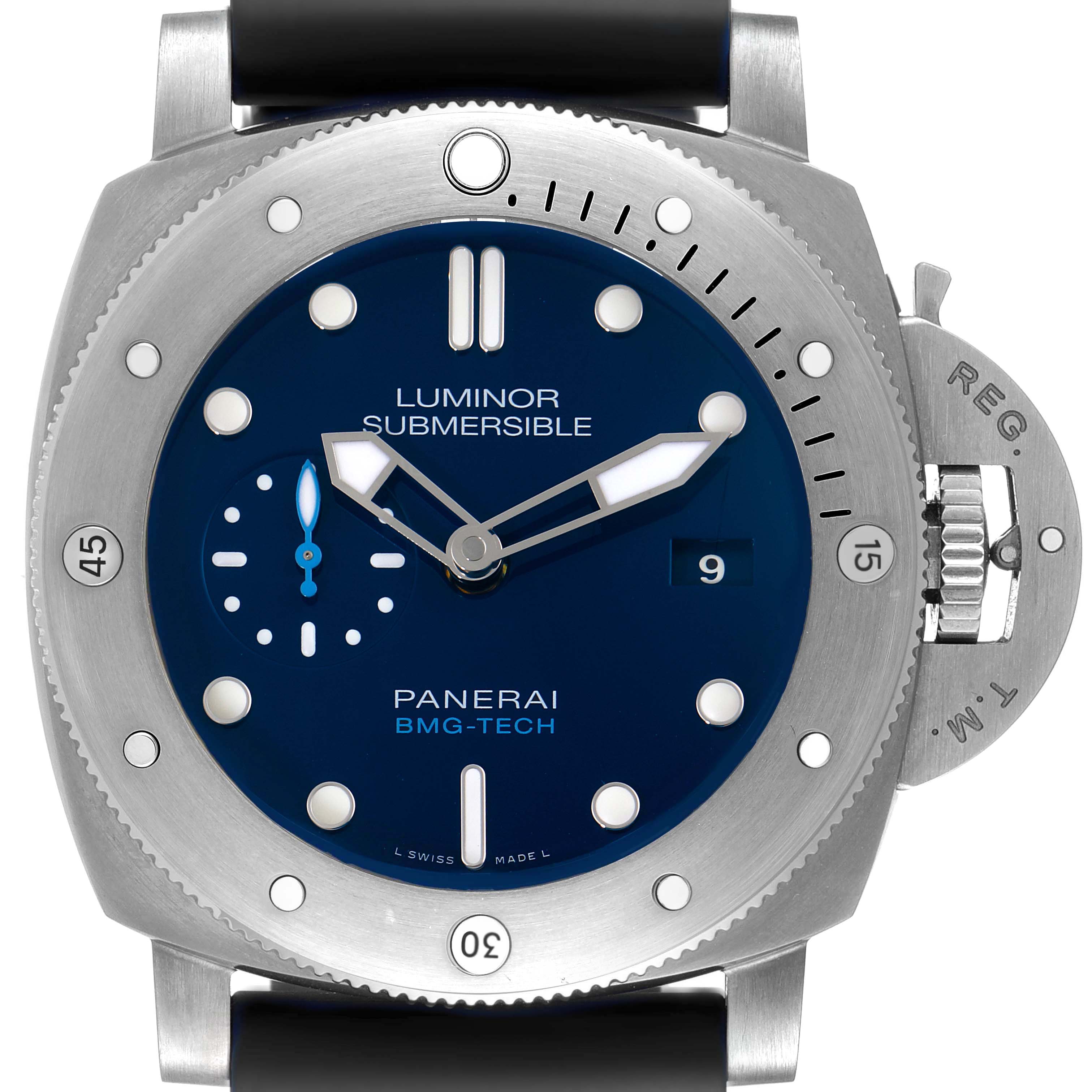 The Panerai Luminor Submersible watch is shown from a front angle, displaying the dial, bezel, and crown guard.