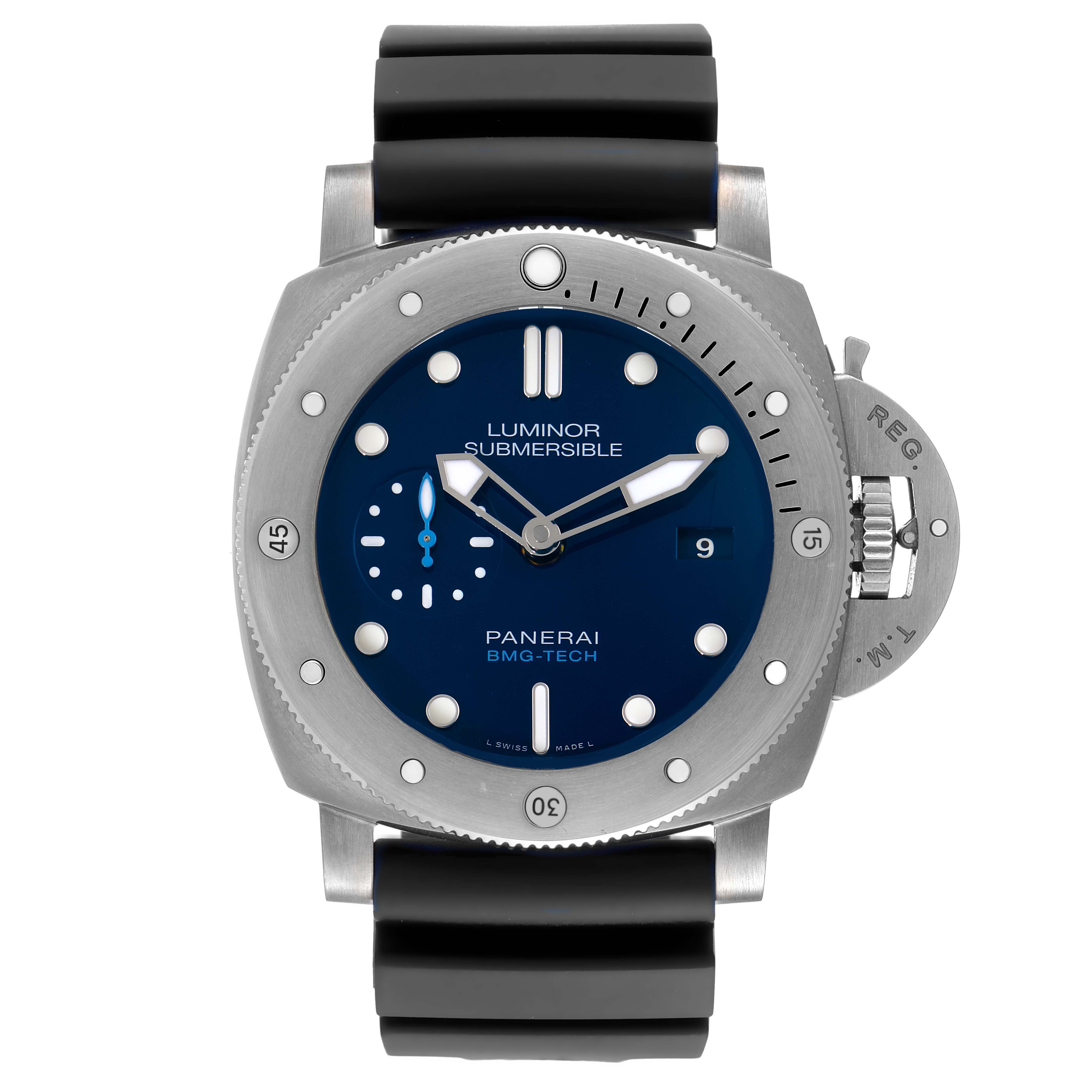 This Panerai Luminor Submersible watch is shown from a front angle, displaying its dial, bezel, and rubber strap.