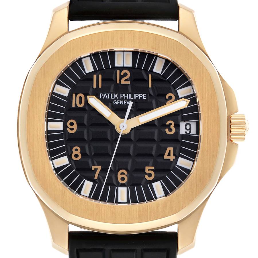 The Patek Philippe Aquanaut watch is shown from a front angle, displaying its dial, case, and crown.