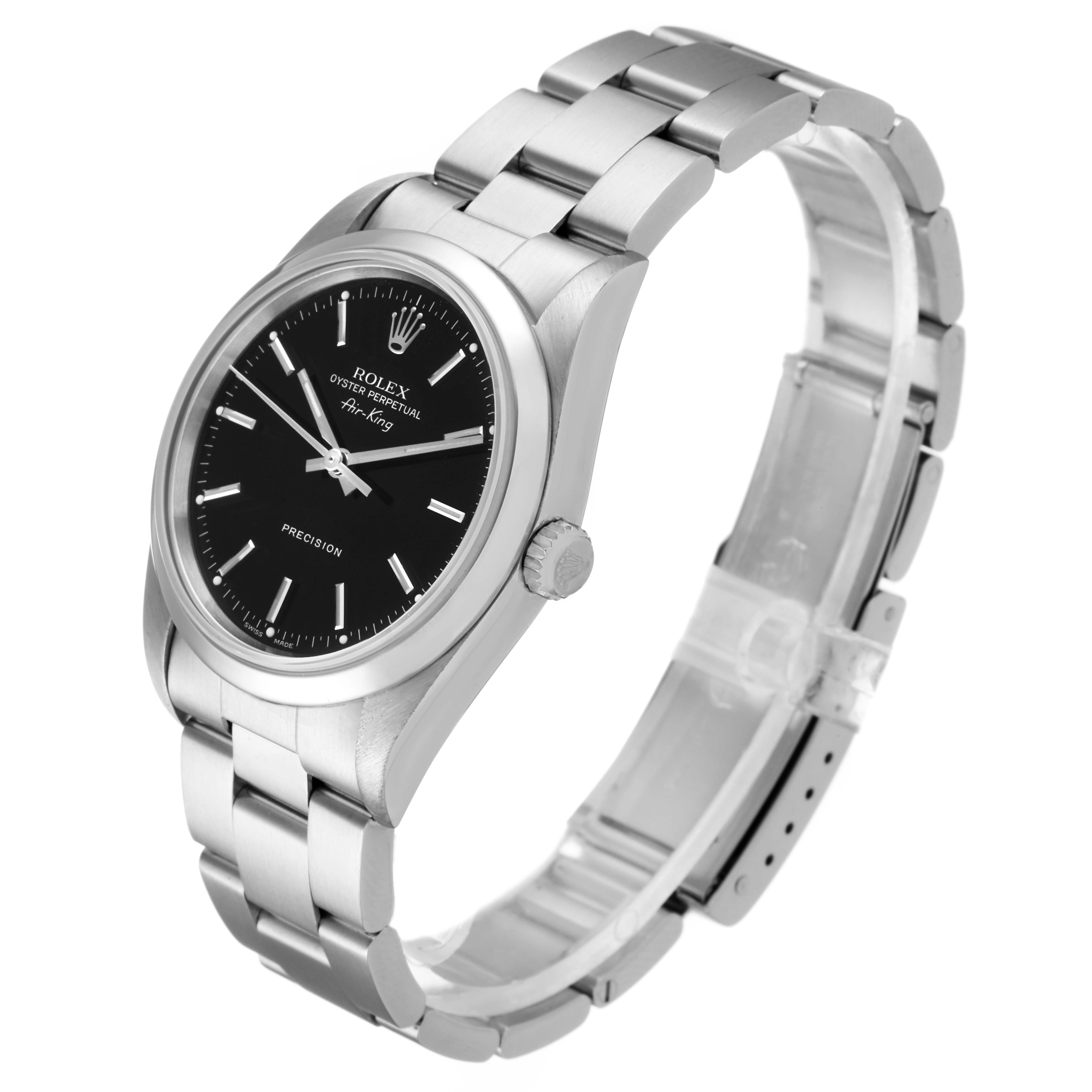 The image shows a Rolex Air-King 14000 Men's Stainless Steel Black Dial 14000 Men's Stainless Steel Black Dial watch at a slight angle, displaying the dial, bracelet, and clasp.