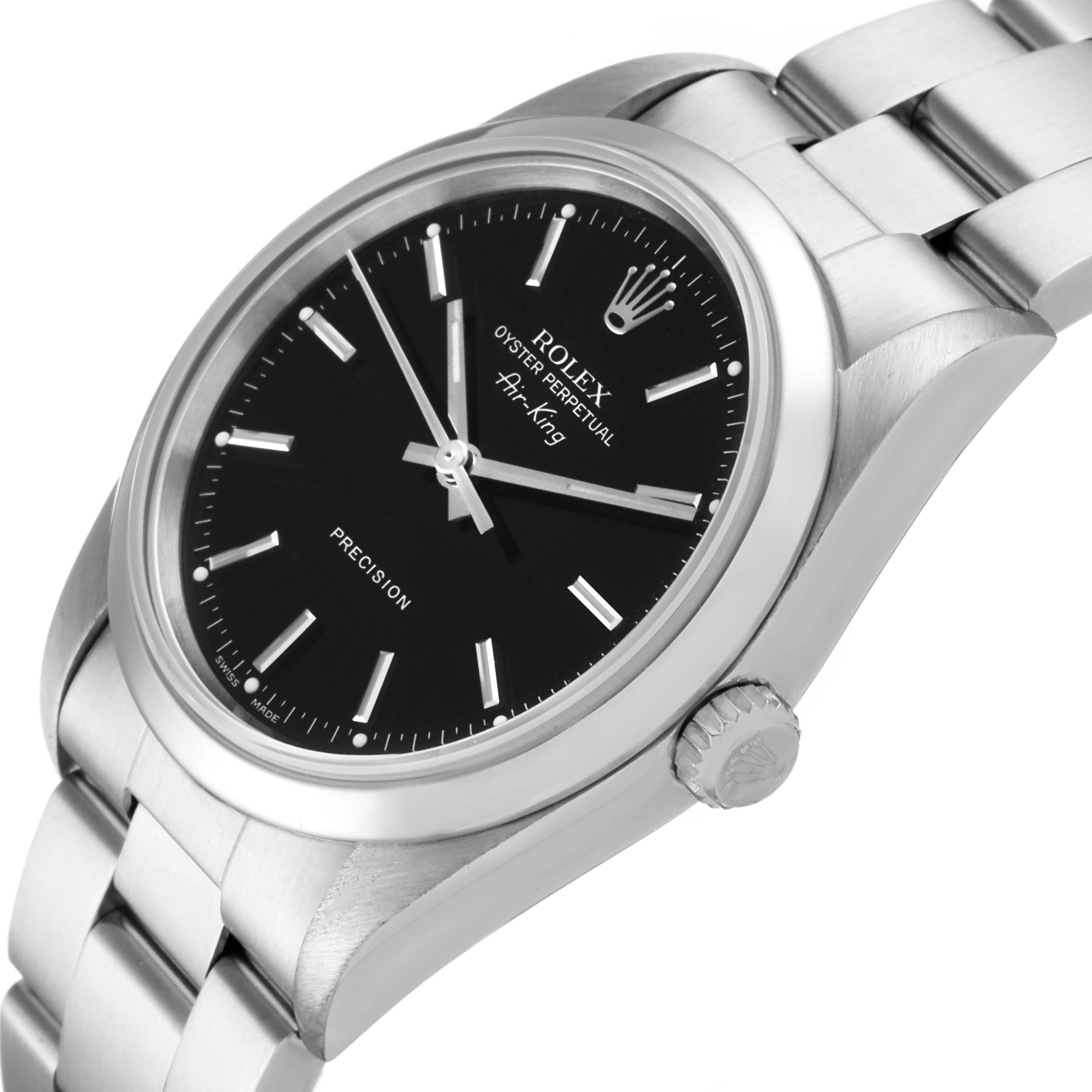 This image shows a side angle of a Rolex Air-King 14000 Men's Stainless Steel Black Dial 14000 Men's Stainless Steel Black Dial watch, highlighting the dial, bezel, crown, and part of the bracelet.