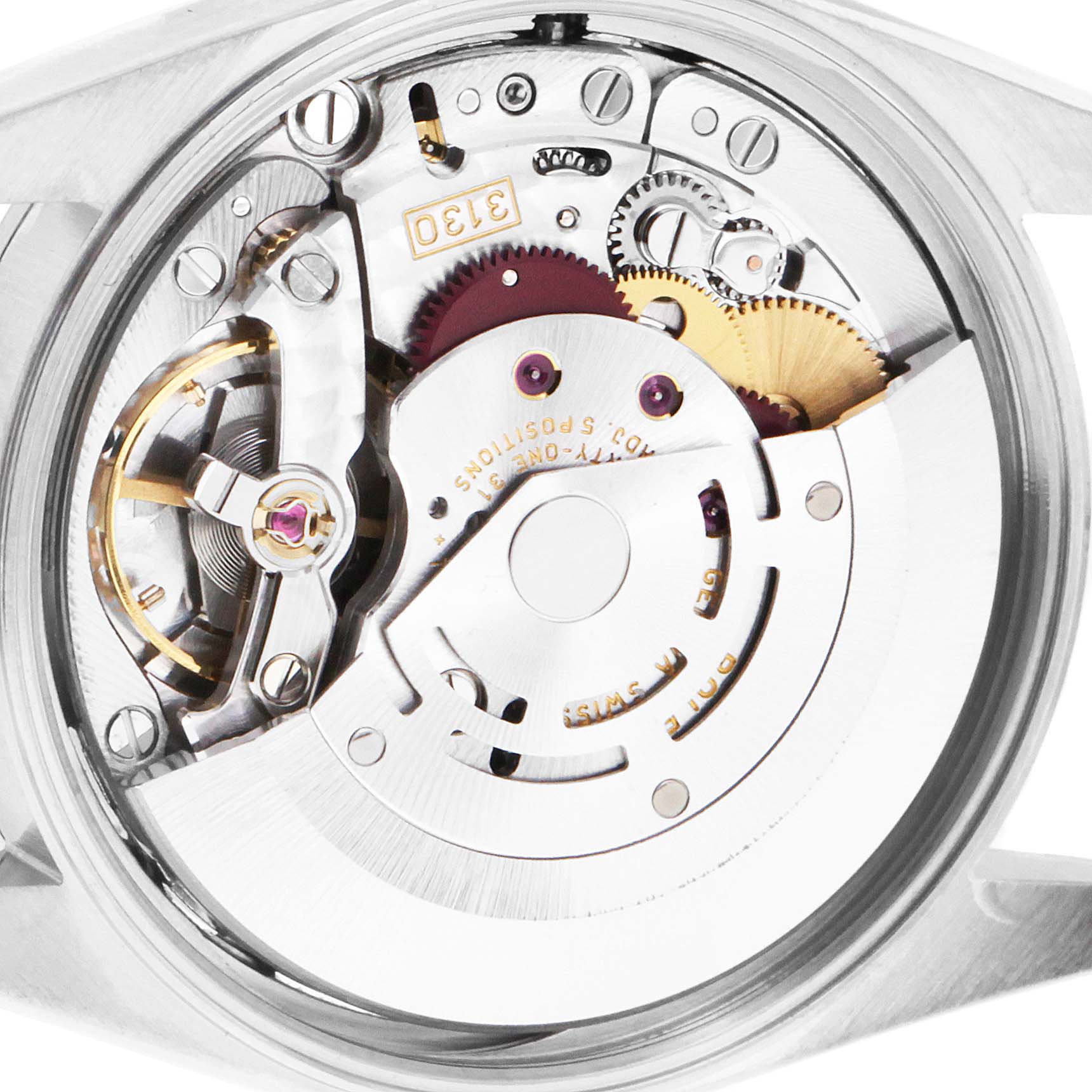 This is a close-up view of the movement mechanism of a Rolex Air-King 14000 Men's Stainless Steel Black Dial 14000 Men's Stainless Steel Black Dial watch, showing gears and intricate components.