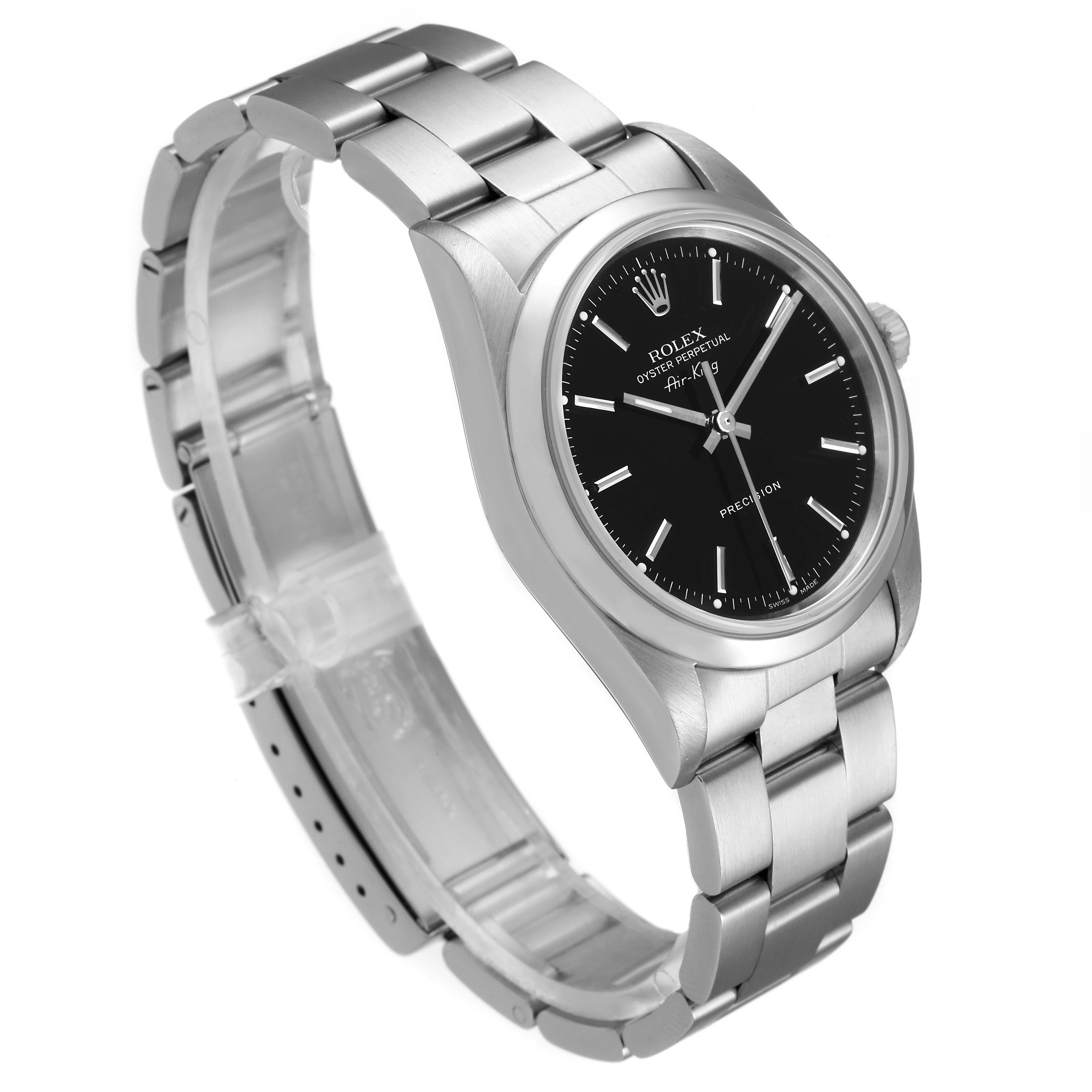 The image shows a side-angle view of the Rolex Air-King 14000 Men's Stainless Steel Black Dial 14000 Men's Stainless Steel Black Dial watch, focusing on the dial and bracelet.