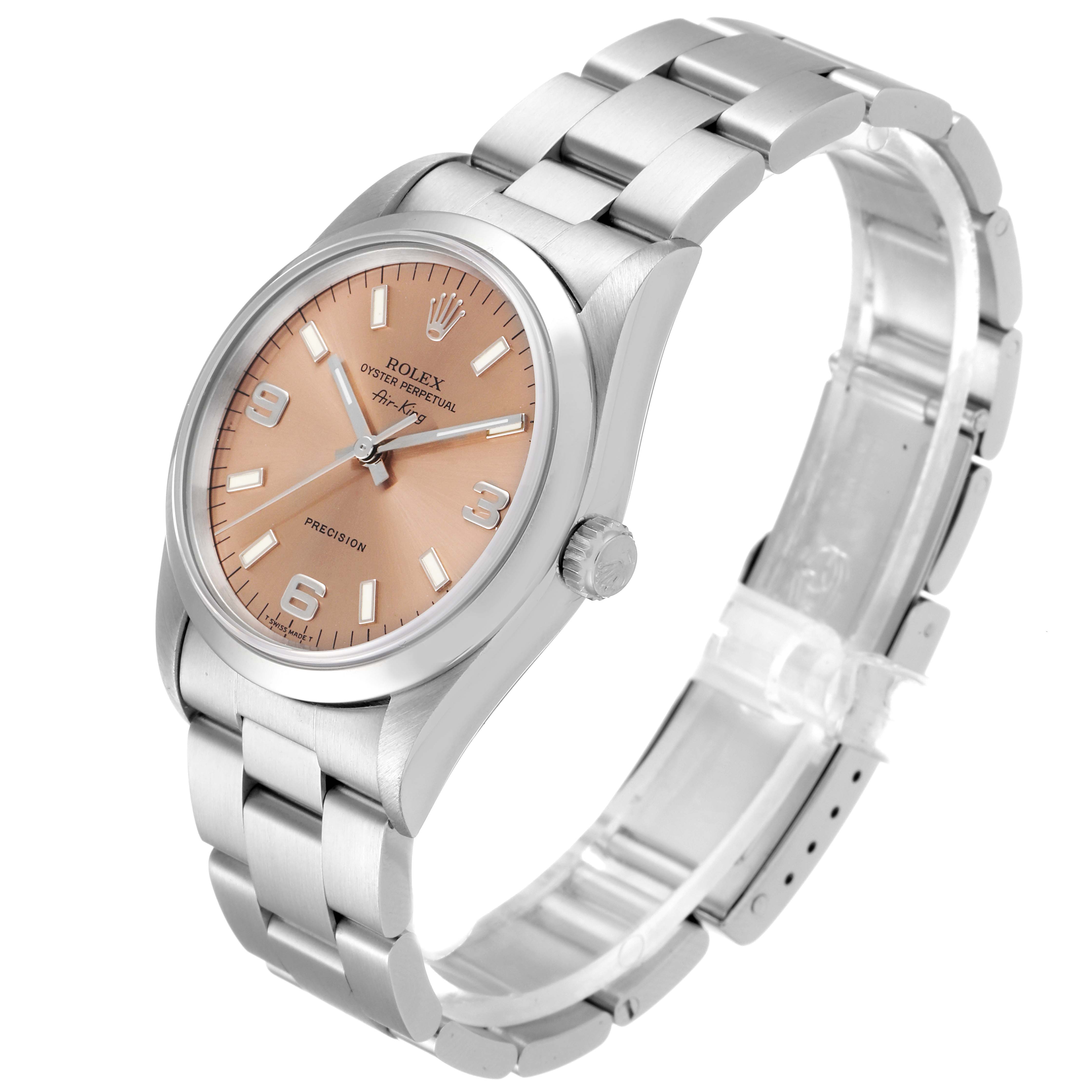 The Rolex Air-King 14000 Men's Stainless Steel Pink Dial 14000 Men's Stainless Steel Pink Dial watch is shown at an angle displaying the dial, bezel, crown, and part of the bracelet.