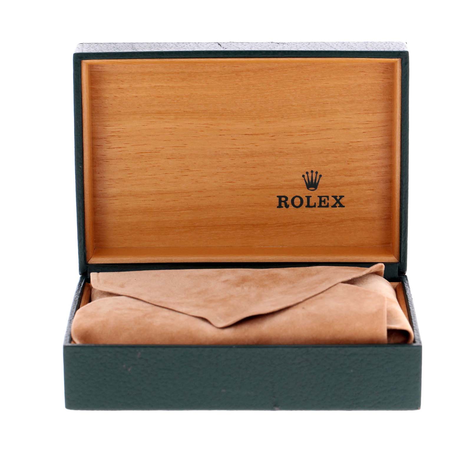 This image shows the open box of a Rolex Air-King 14000 Men's Stainless Steel Pink Dial 14000 Men's Stainless Steel Pink Dial watch with a wooden interior, containing a suede pouch.