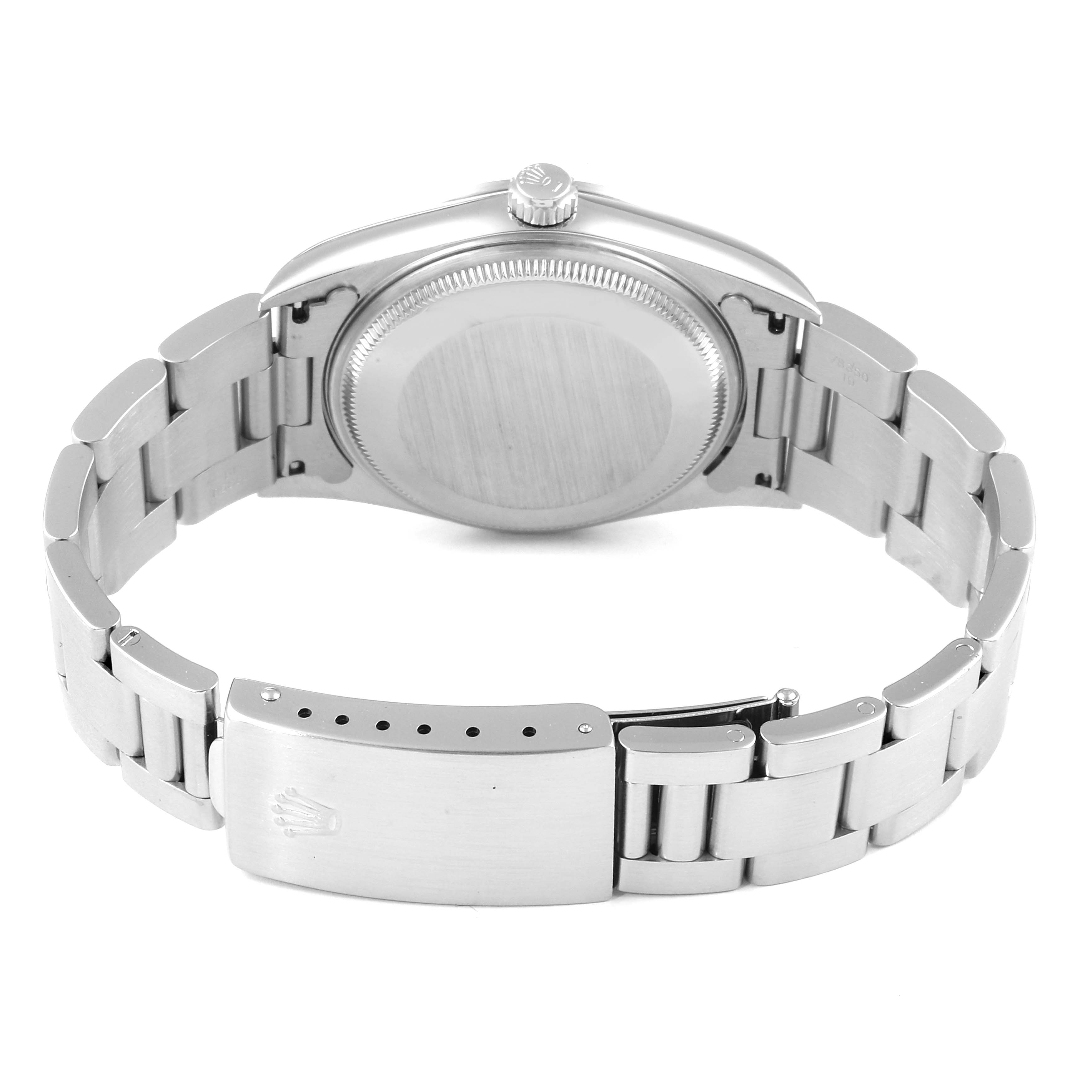 The image shows the back casing and opened bracelet of a Rolex Air-King 14000 Men's Stainless Steel Pink Dial 14000 Men's Stainless Steel Pink Dial watch from a rear angle.