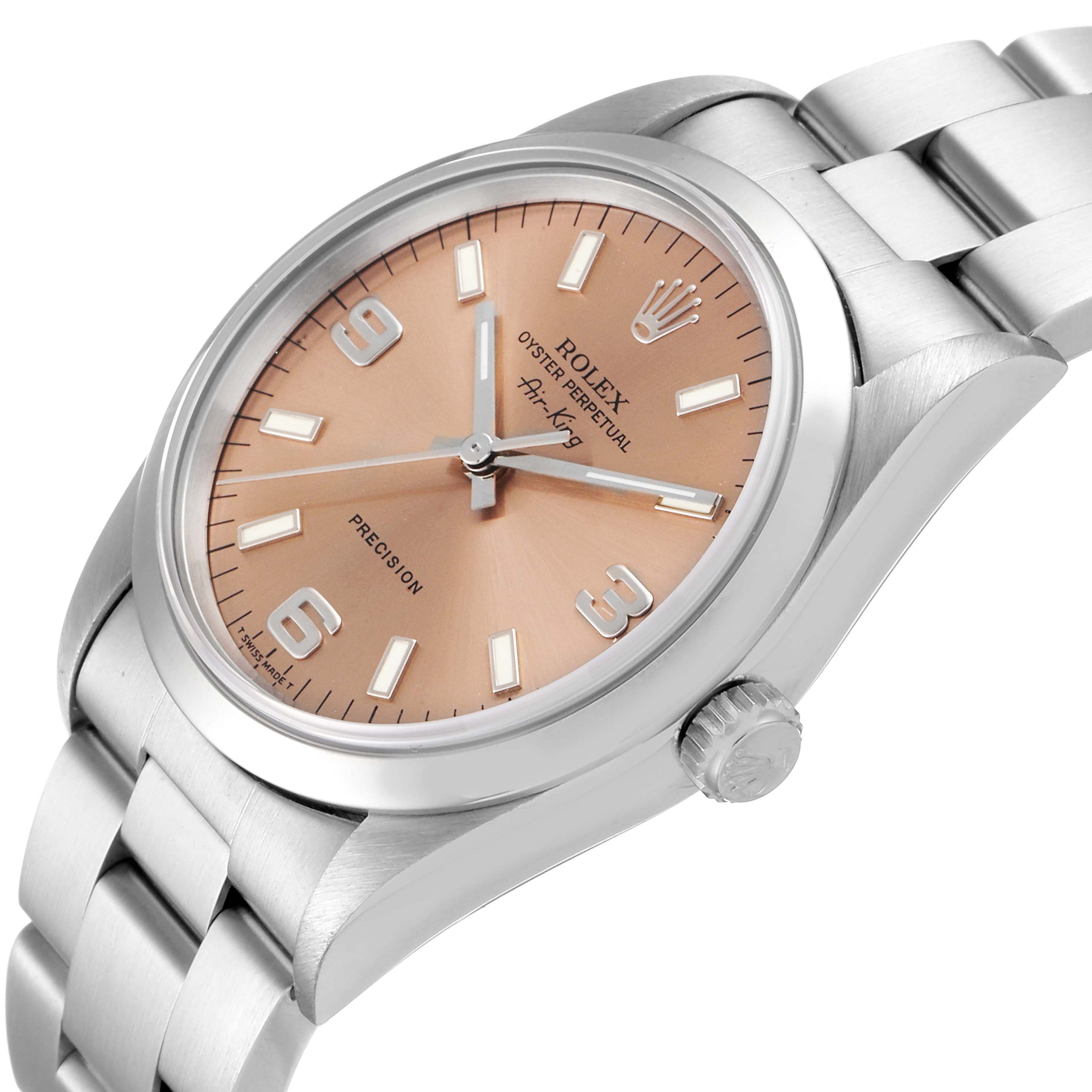 This Rolex Air-King 14000 Men's Stainless Steel Pink Dial 14000 Men's Stainless Steel Pink Dial watch is shown at a slight angle, revealing the dial, bezel, crown, and part of the bracelet.