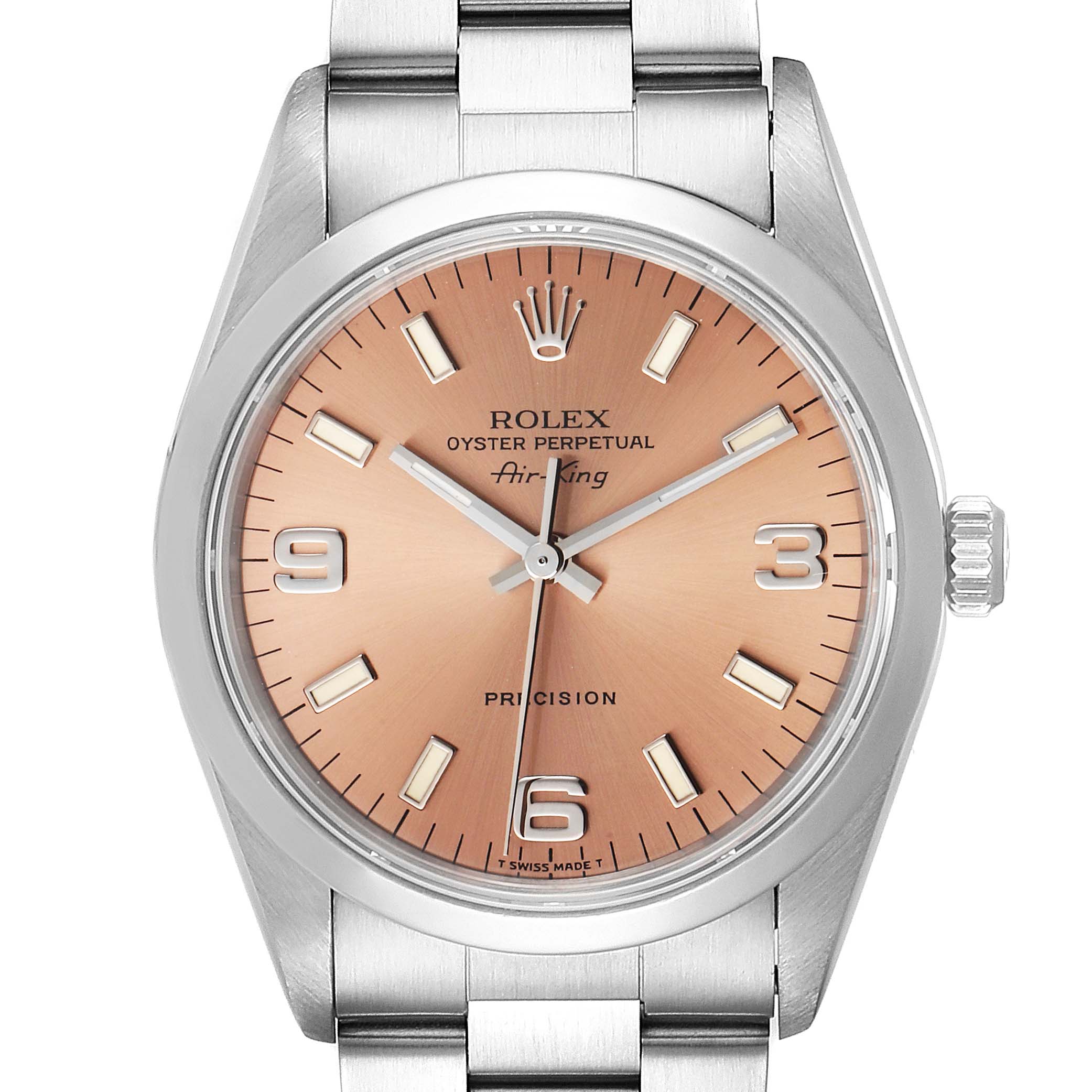 The image shows a frontal view of the Rolex Air-King 14000 Men's Stainless Steel Pink Dial 14000 Men's Stainless Steel Pink Dial watch, displaying its peach-colored dial, hour markers, and stainless steel bracelet.