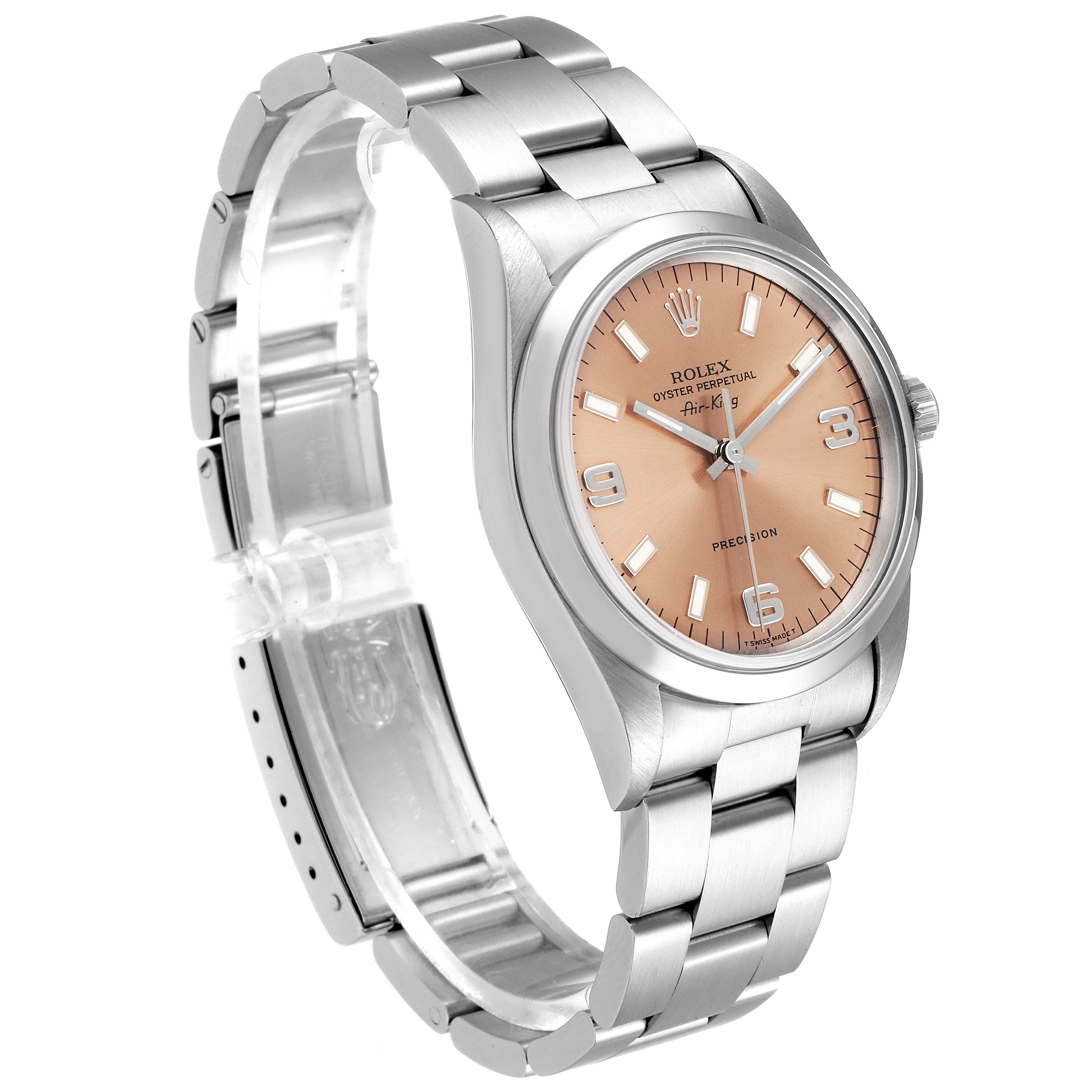 The image shows a side and frontal view of a Rolex Air-King 14000 Men's Stainless Steel Pink Dial 14000 Men's Stainless Steel Pink Dial watch, highlighting its face, bezel, and bracelet.