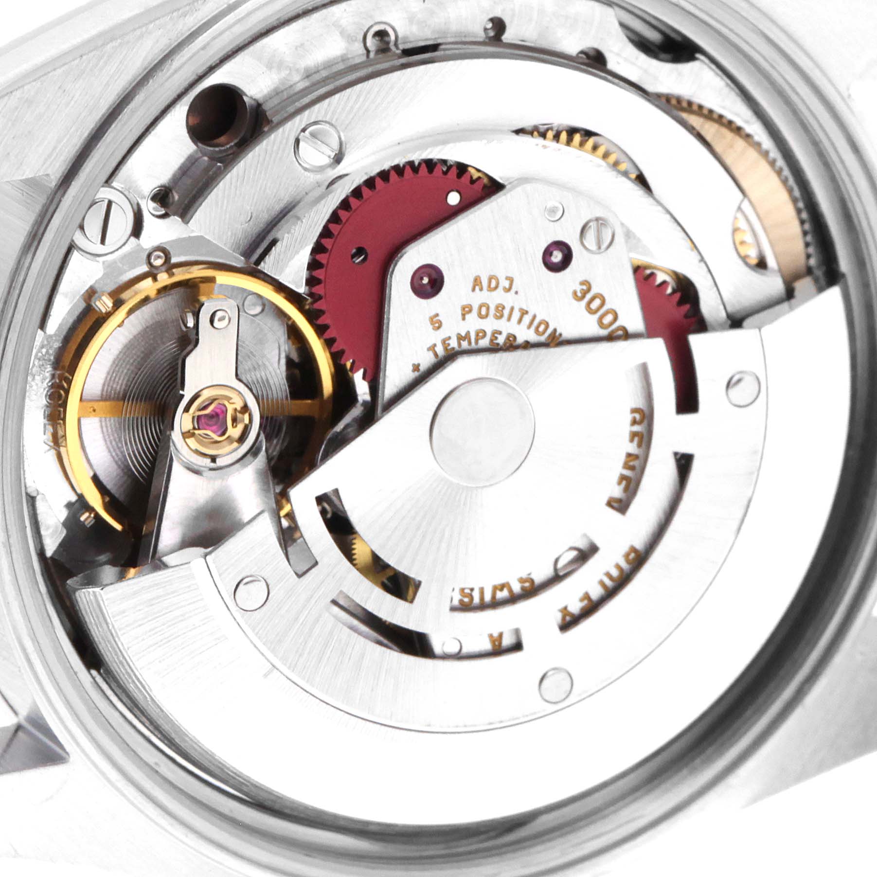 This image shows the movement mechanism of the Rolex Air-King 14000 Men's Stainless Steel Pink Dial 14000 Men's Stainless Steel Pink Dial watch from a close-up angle.