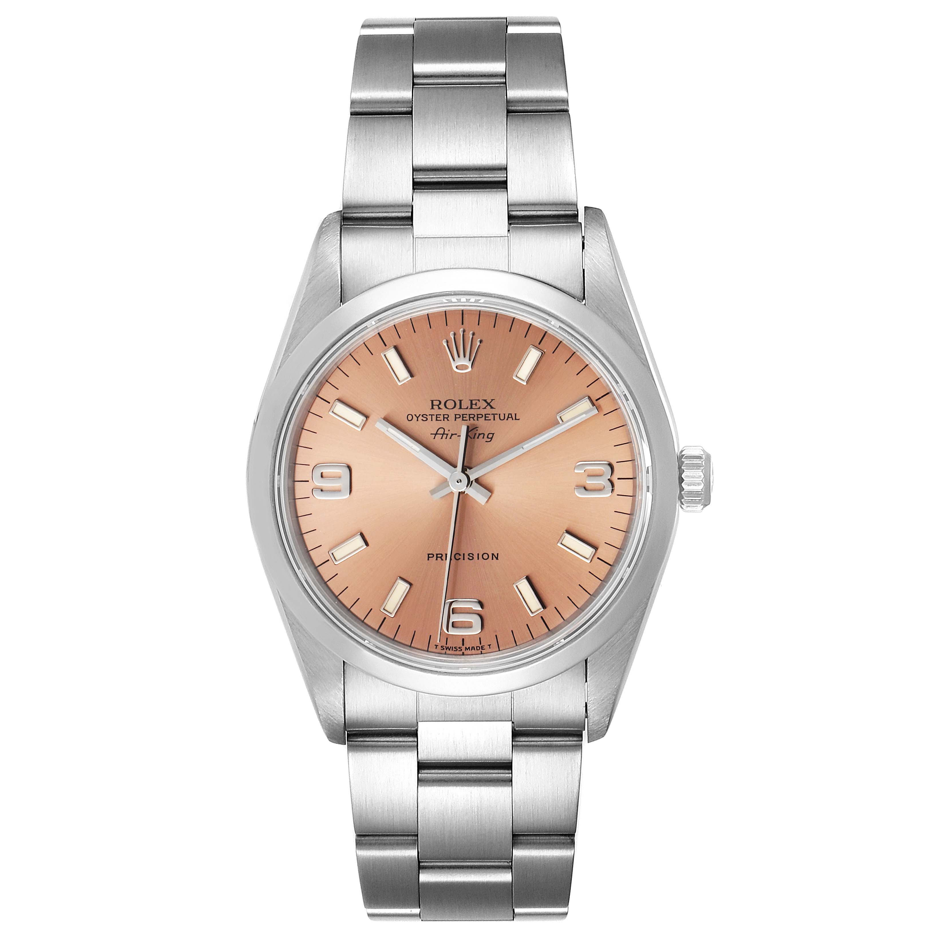 The image shows a front view of a Rolex Air-King 14000 Men's Stainless Steel Pink Dial 14000 Men's Stainless Steel Pink Dial watch, displaying its dial, hands, bracelet, and crown.