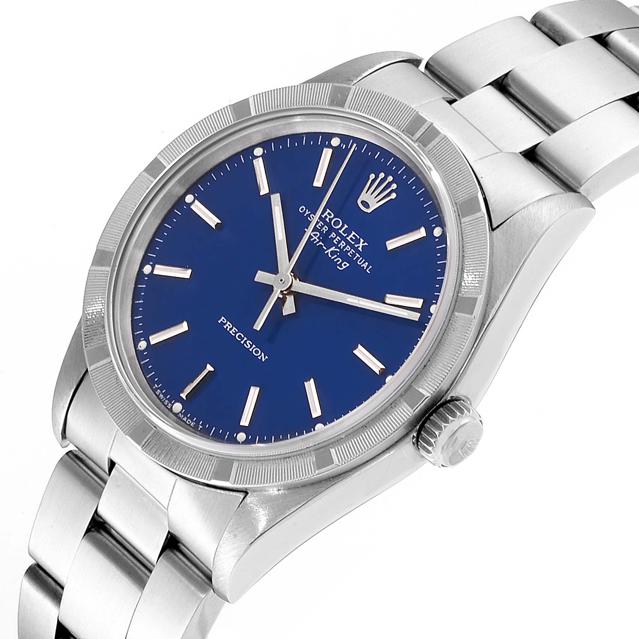 The Rolex Air-King 14010 Men's Stainless Steel Blue Dial 14010 Men's Stainless Steel Blue Dial watch is shown at a slight angle, displaying the blue dial, bezel, crown, and stainless steel bracelet.