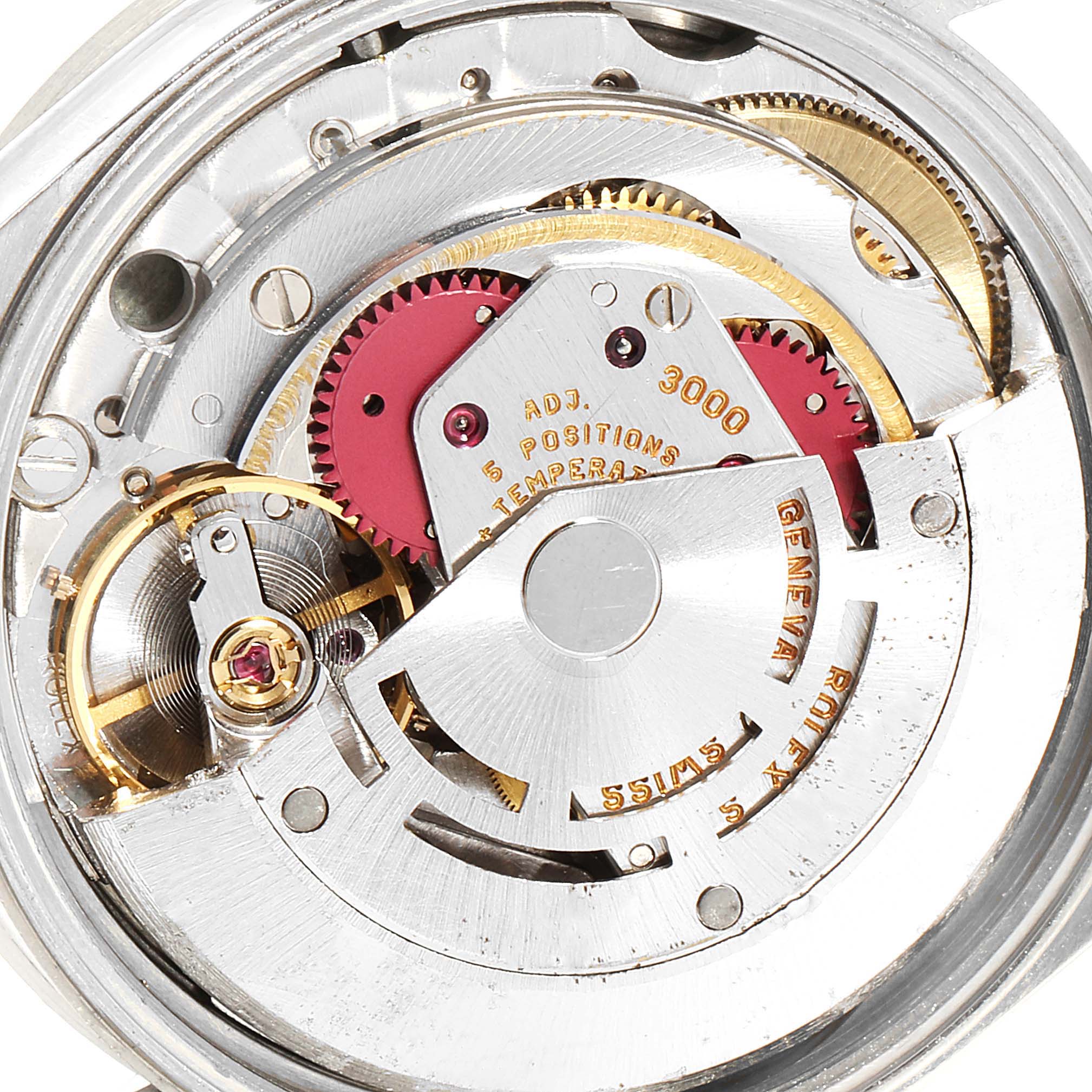 The image shows a close-up of the internal mechanical movement of a Rolex Air-King 14010 Men's Stainless Steel Blue Dial 14010 Men's Stainless Steel Blue Dial watch from a top-down angle.