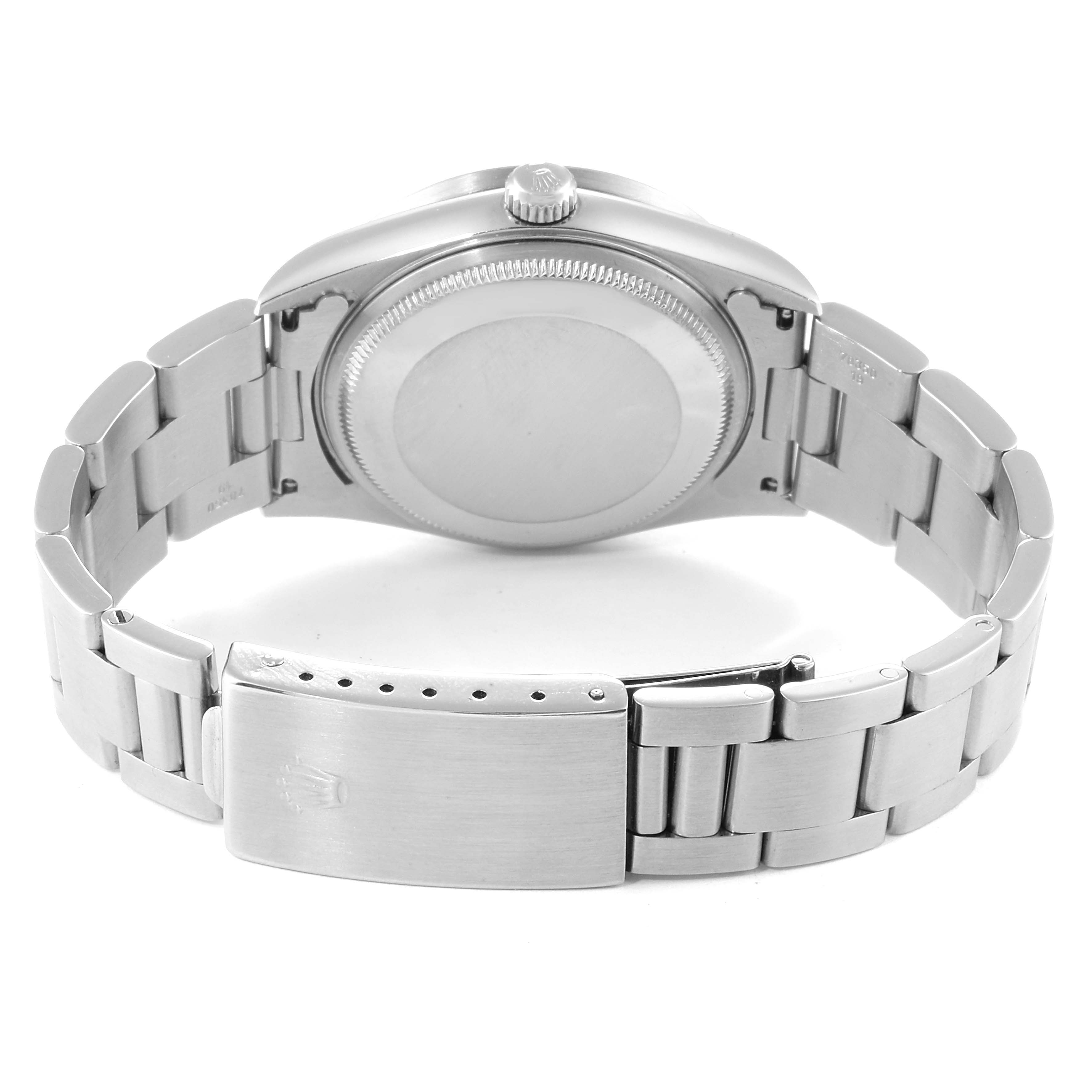 The image shows the back and bracelet of a Rolex Air-King 14010 Men's Stainless Steel Blue Dial 14010 Men's Stainless Steel Blue Dial watch from a rear angle.