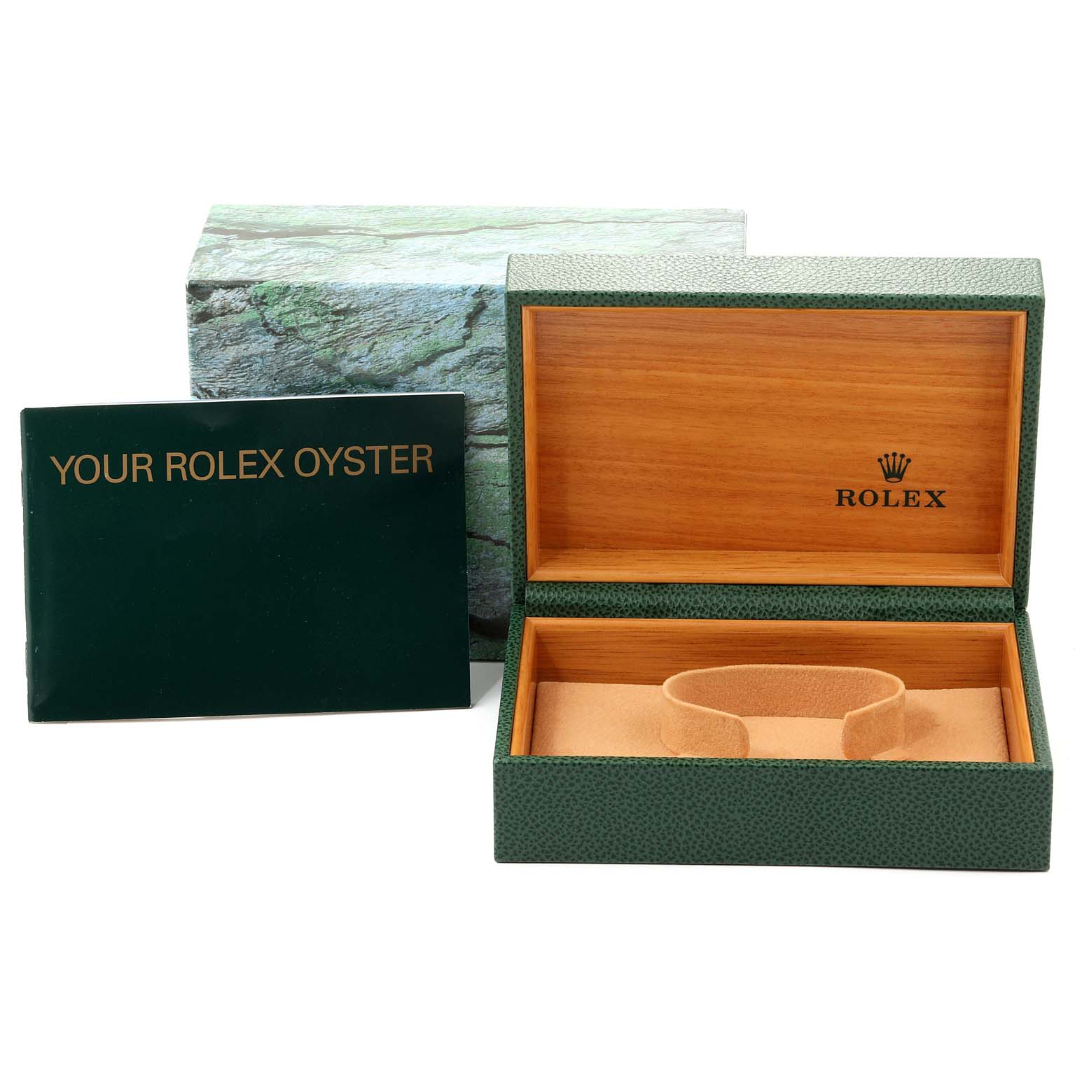 The image shows the empty packaging box and manual for a Rolex Air-King 14010 Men's Stainless Steel Blue Dial 14010 Men's Stainless Steel Blue Dial watch, including an inner wooden box and an outer green sleeve.