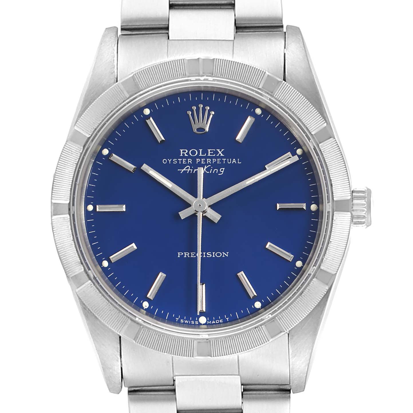 The image shows a front view of the Rolex Air-King 14010 Men's Stainless Steel Blue Dial 14010 Men's Stainless Steel Blue Dial watch, highlighting its blue dial, stainless steel case, and bracelet.
