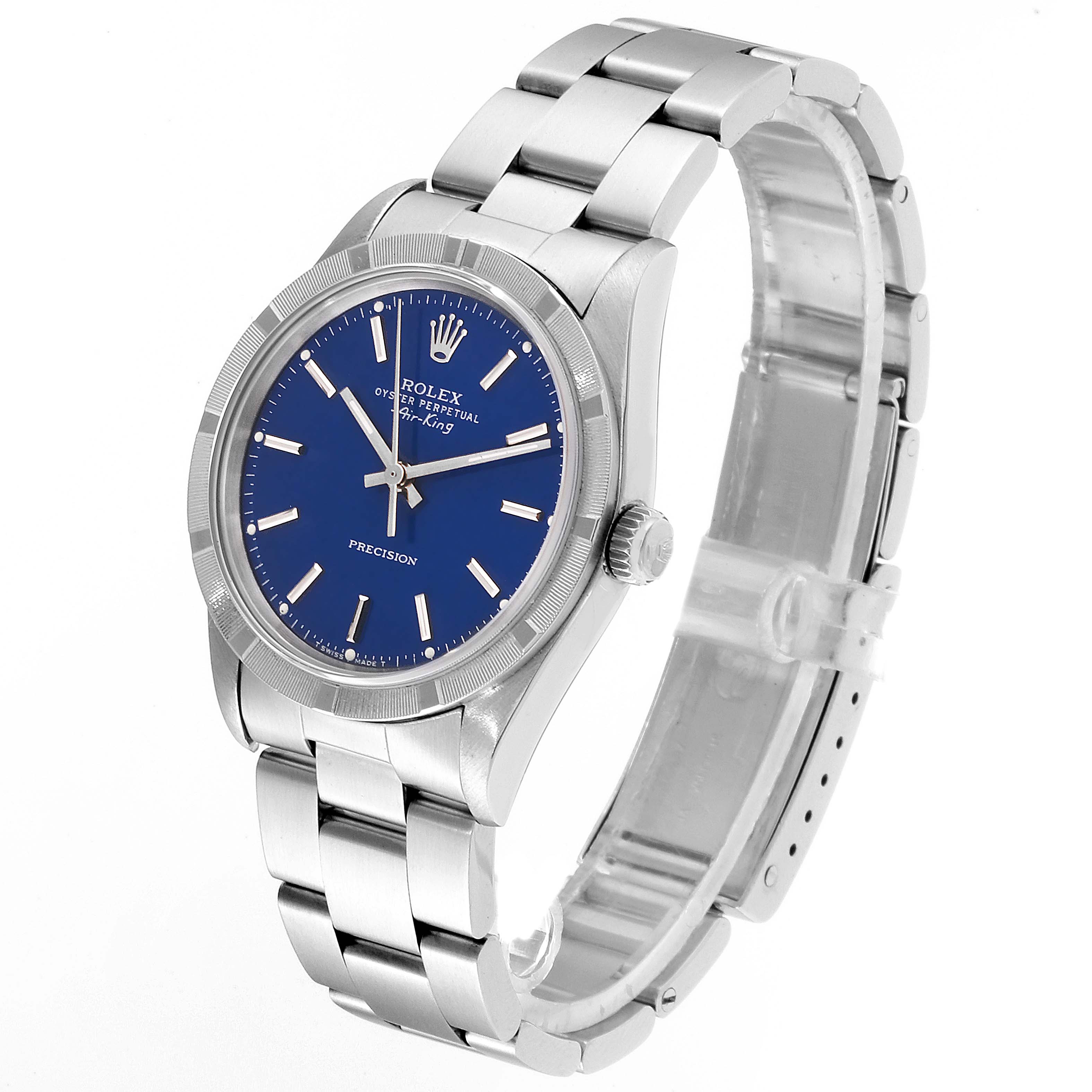 The Rolex Air-King 14010 Men's Stainless Steel Blue Dial 14010 Men's Stainless Steel Blue Dial watch is shown at a three-quarter angle, displaying the face, bezel, and part of the bracelet band.