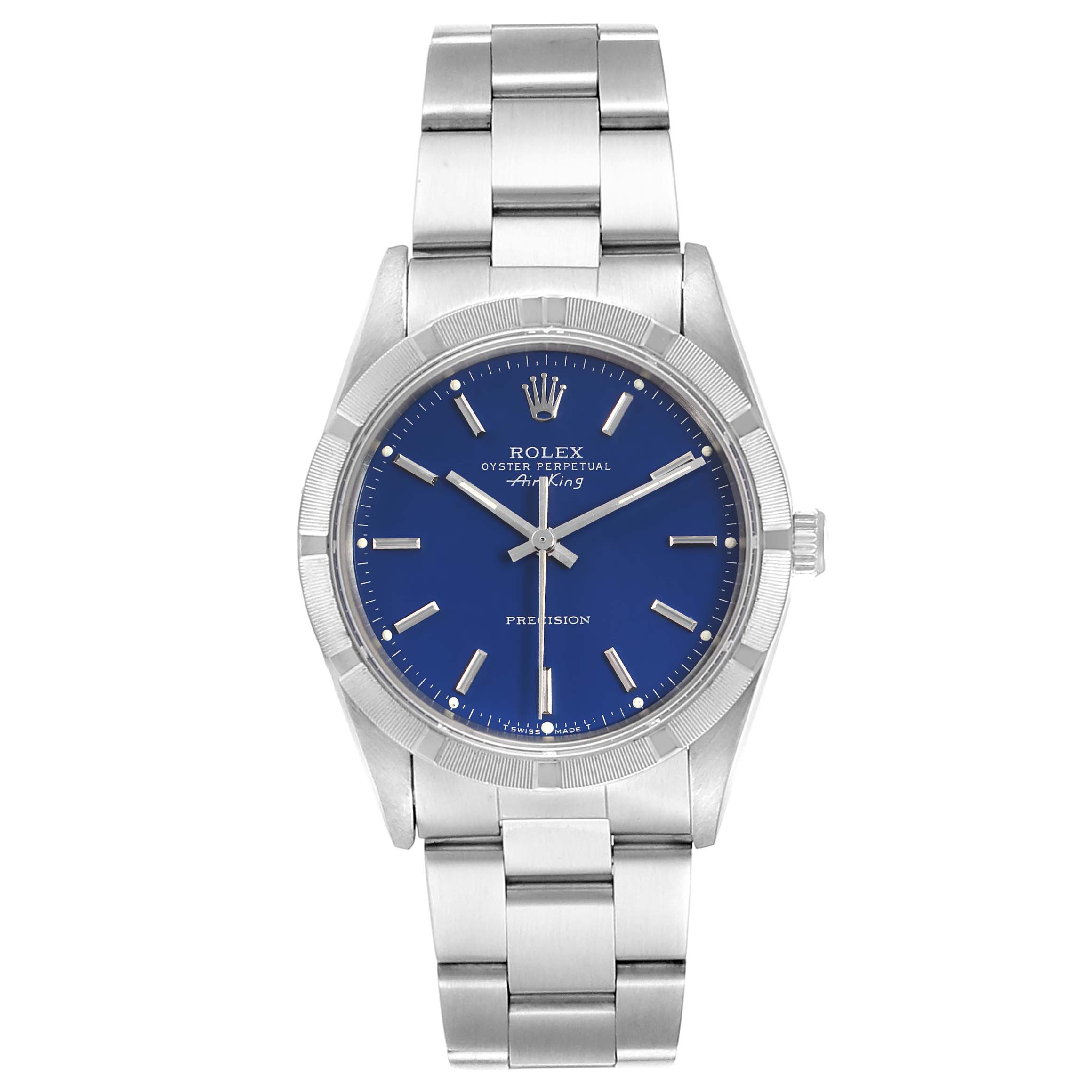This image shows a frontal view of the Rolex Air-King 14010 Men's Stainless Steel Blue Dial 14010 Men's Stainless Steel Blue Dial watch, displaying its blue dial, bezel, and stainless steel bracelet.