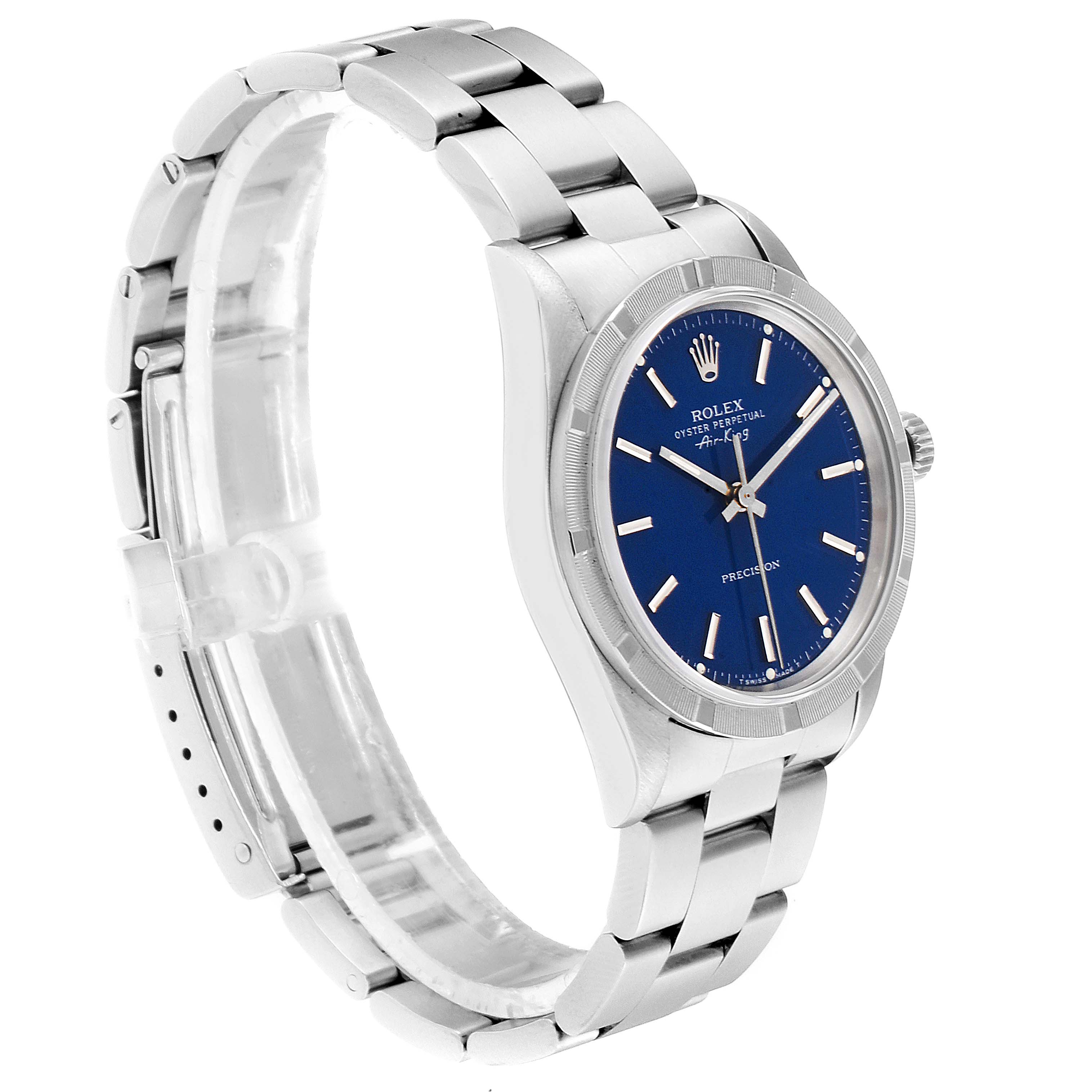 The Rolex Air-King 14010 Men's Stainless Steel Blue Dial 14010 Men's Stainless Steel Blue Dial watch is shown at a 3/4 angle, highlighting its blue dial, bezel, and metal bracelet.