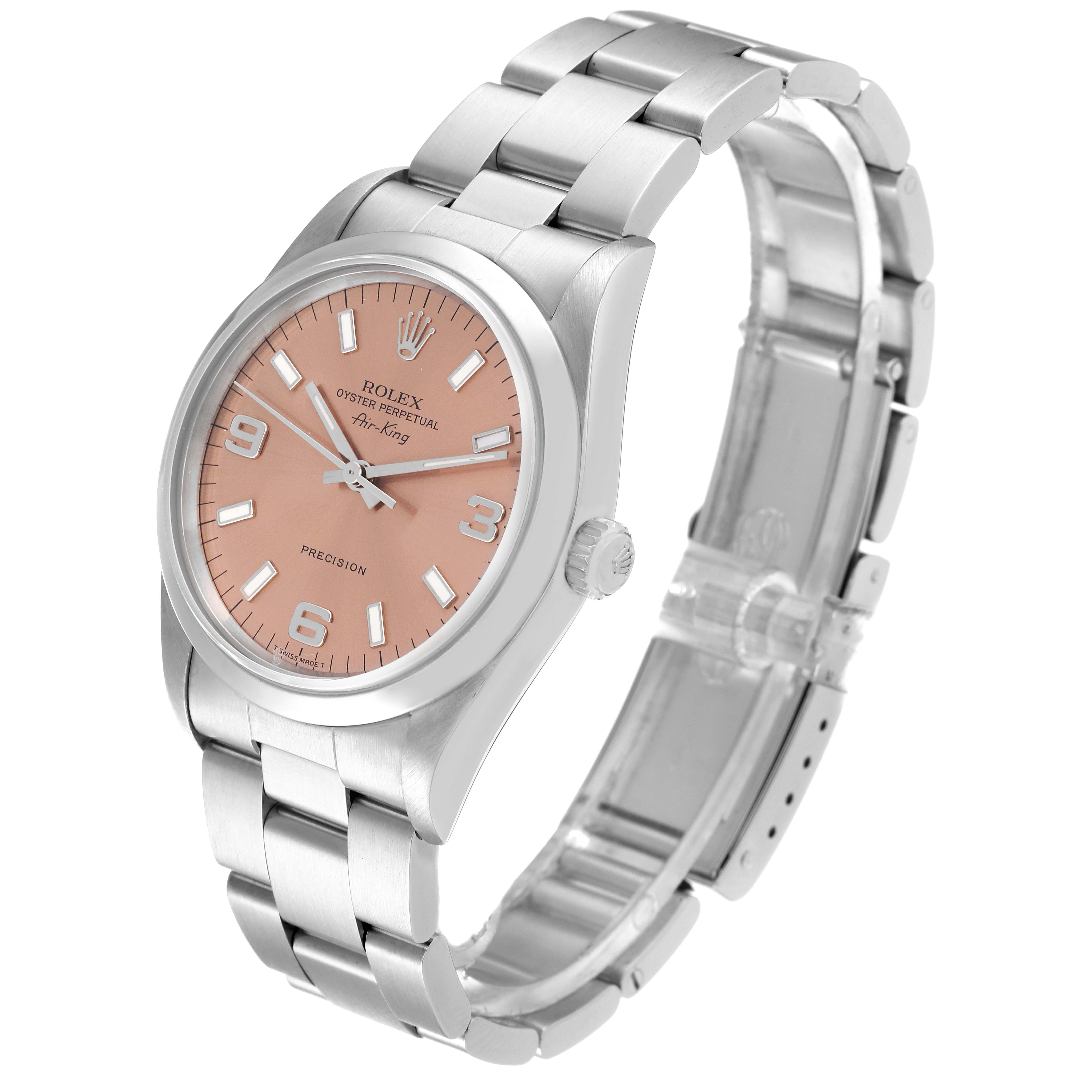 This image shows a side angle of a Rolex Air-King 14000 Men's Stainless Steel Pink Dial 14000 Men's Stainless Steel Pink Dial watch, highlighting its dial, case, and bracelet.