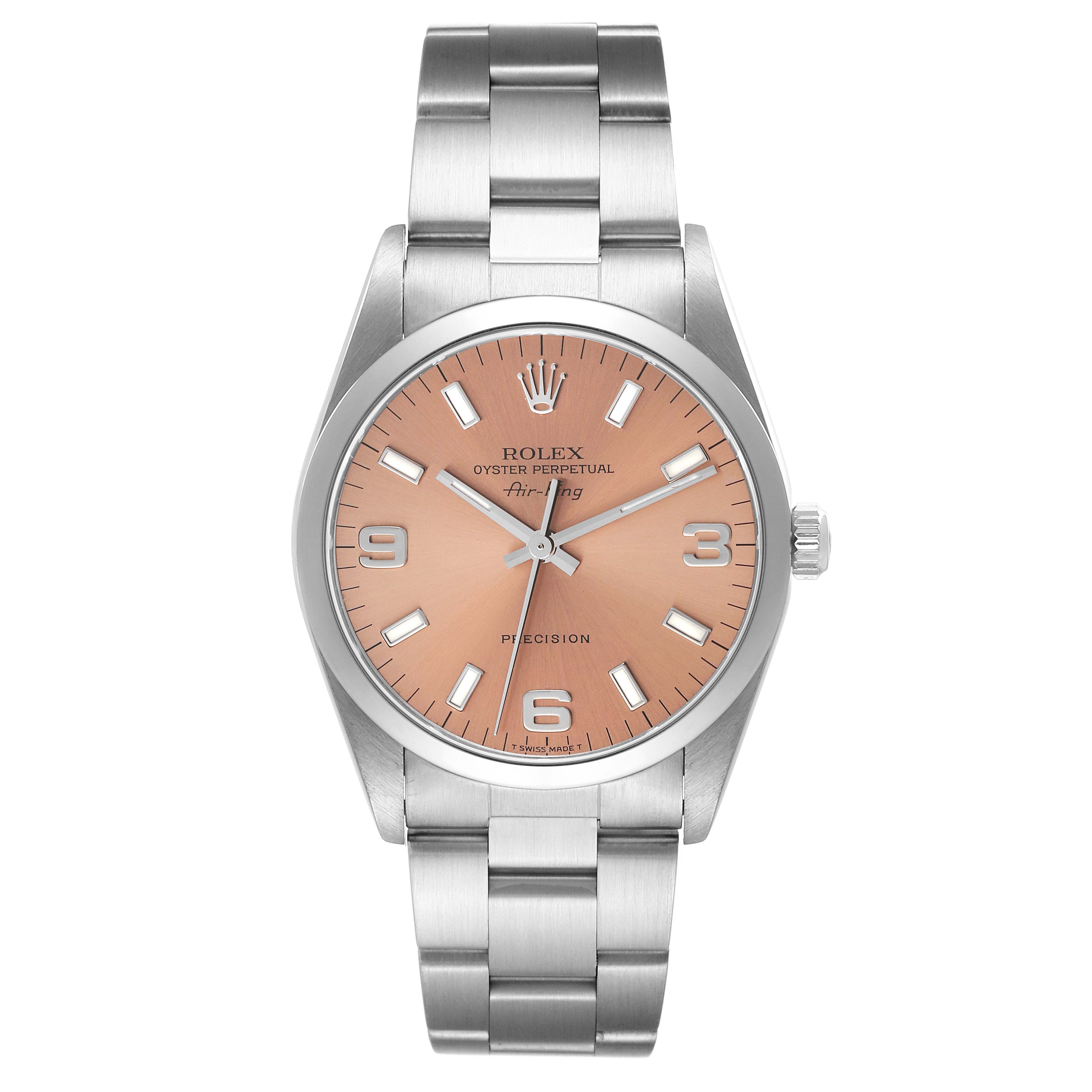 This image shows a front view of a Rolex Air-King 14000 Men's Stainless Steel Pink Dial 14000 Men's Stainless Steel Pink Dial watch, displaying its case, dial, hands, and bracelet.